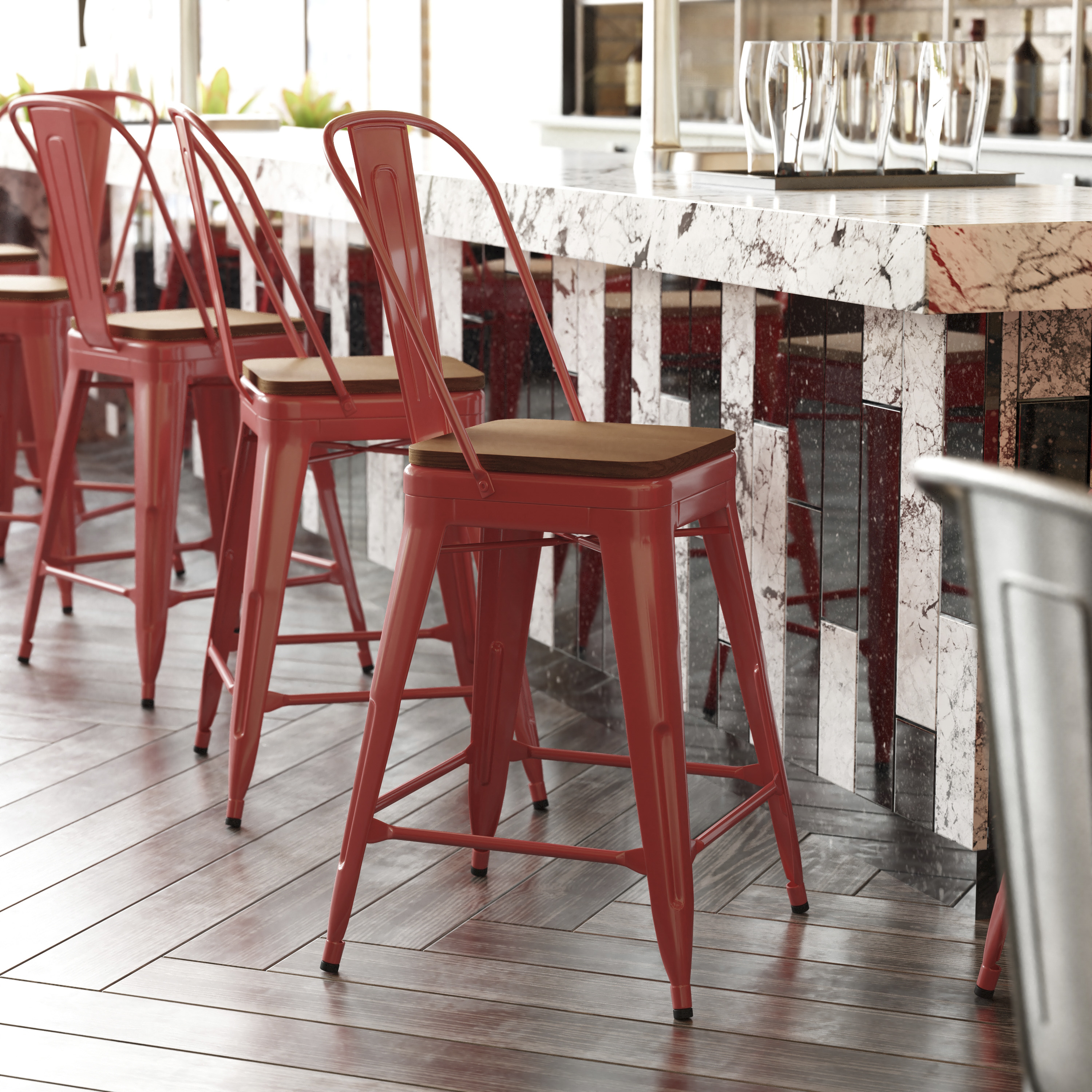 Kai Commercial Grade 24" High Red Metal Indoor-Outdoor Counter Height Stool with Removable Back and Teak All-Weather Poly Resin Seat