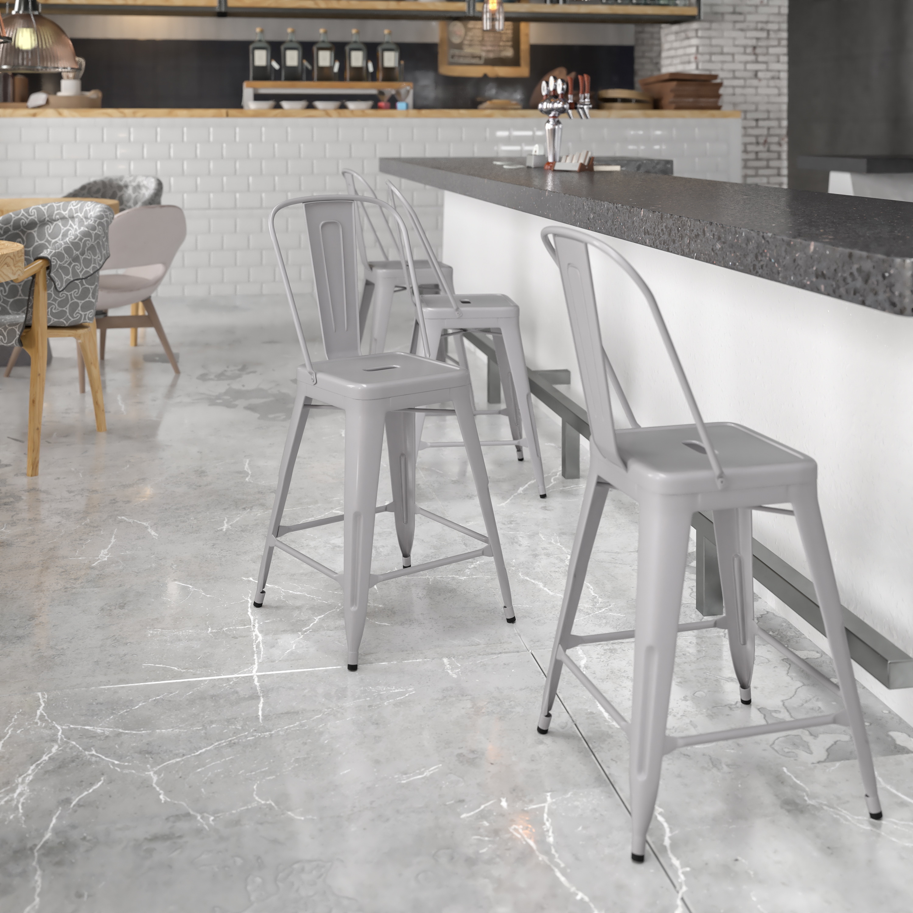 Kai Commercial Grade 24" High Silver Metal Indoor-Outdoor Counter Height Stool with Removable Back