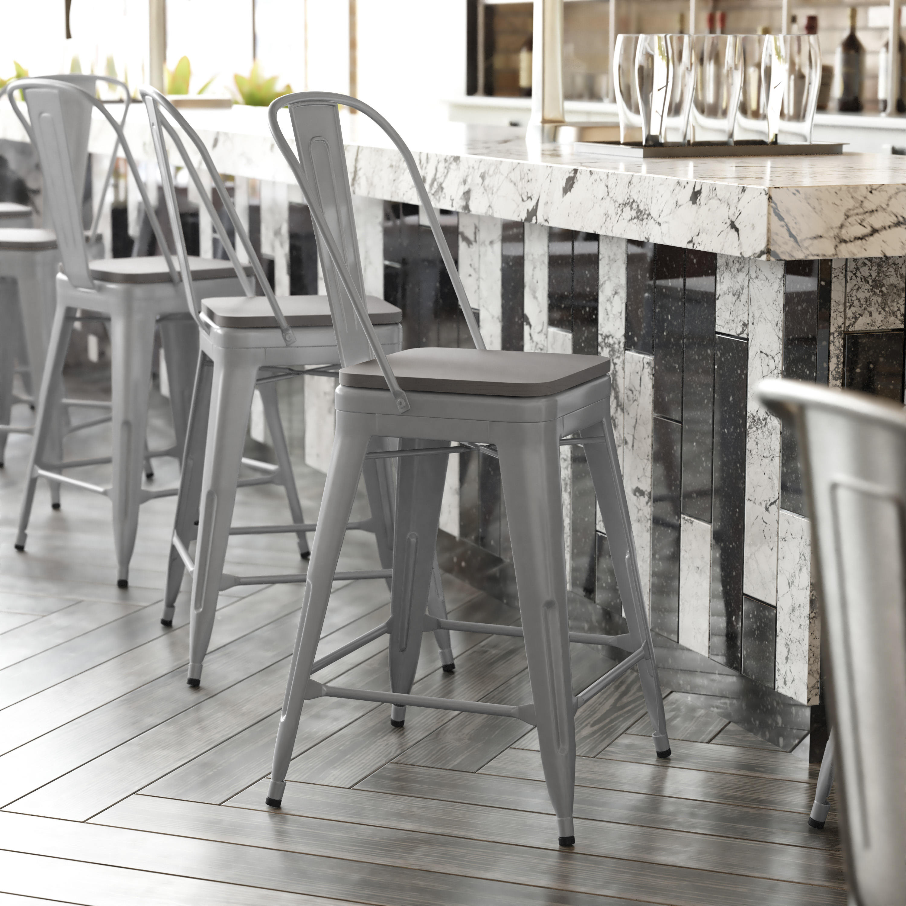 Kai Commercial Grade 24" High Silver Metal Indoor-Outdoor Counter Height Stool with Removable Back and Gray All-Weather Poly Resin Seat