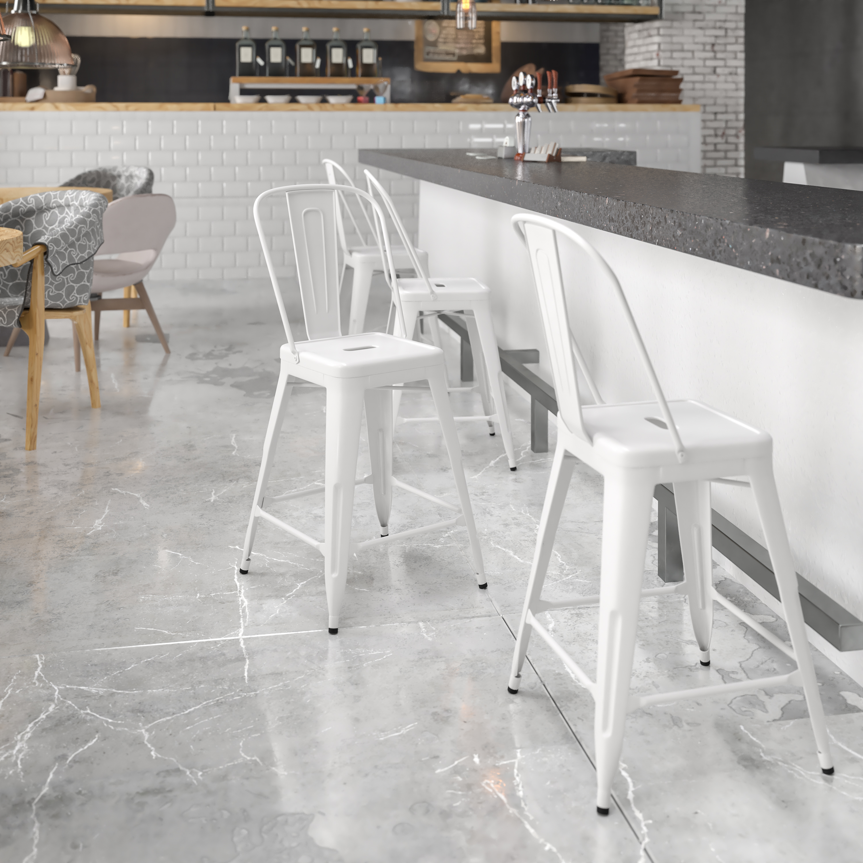Kai Commercial Grade 24" High White Metal Indoor-Outdoor Counter Height Stool with Removable Back