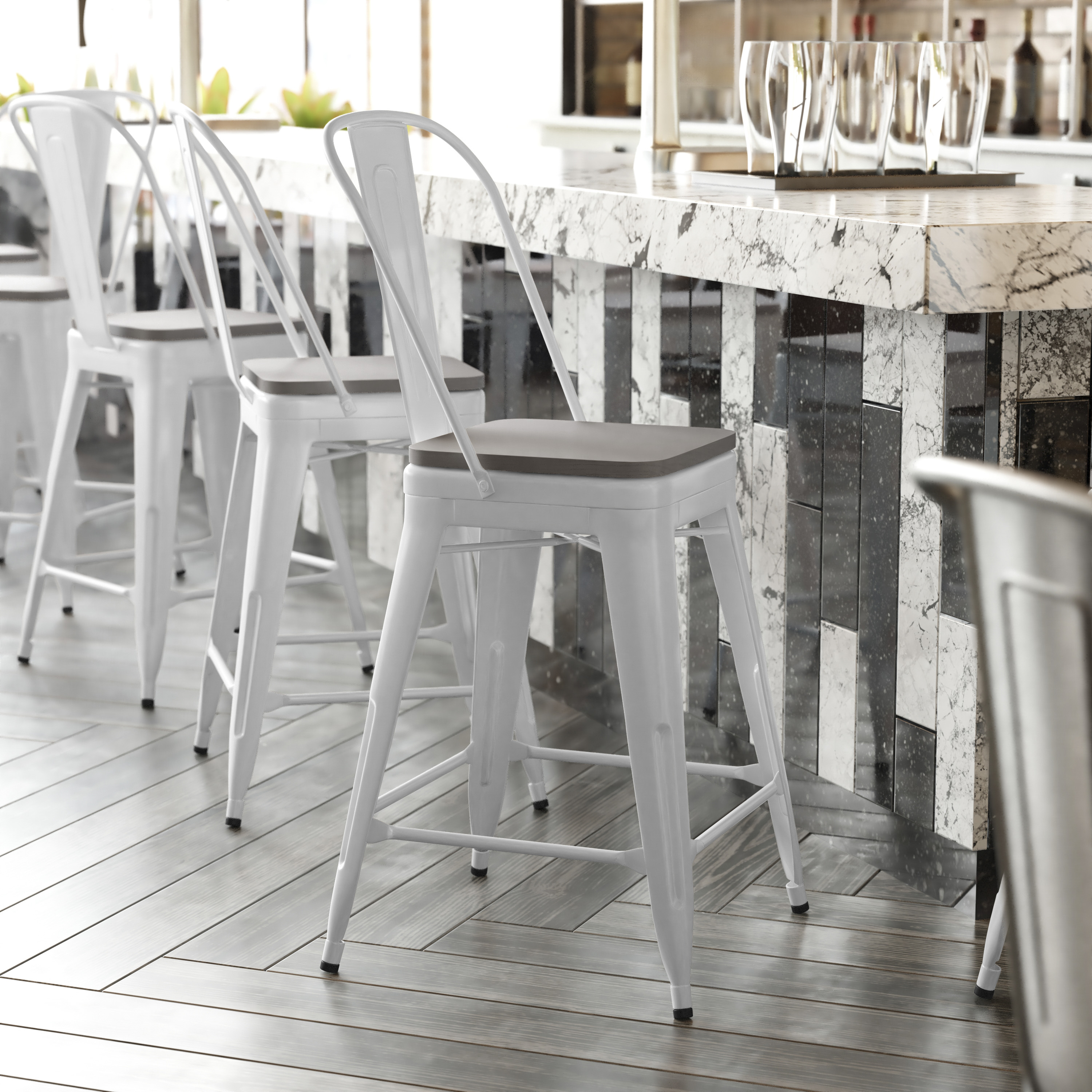 Kai Commercial Grade 24" High White Metal Indoor-Outdoor Counter Height Stool with Removable Back and Gray All-Weather Poly Resin Seat