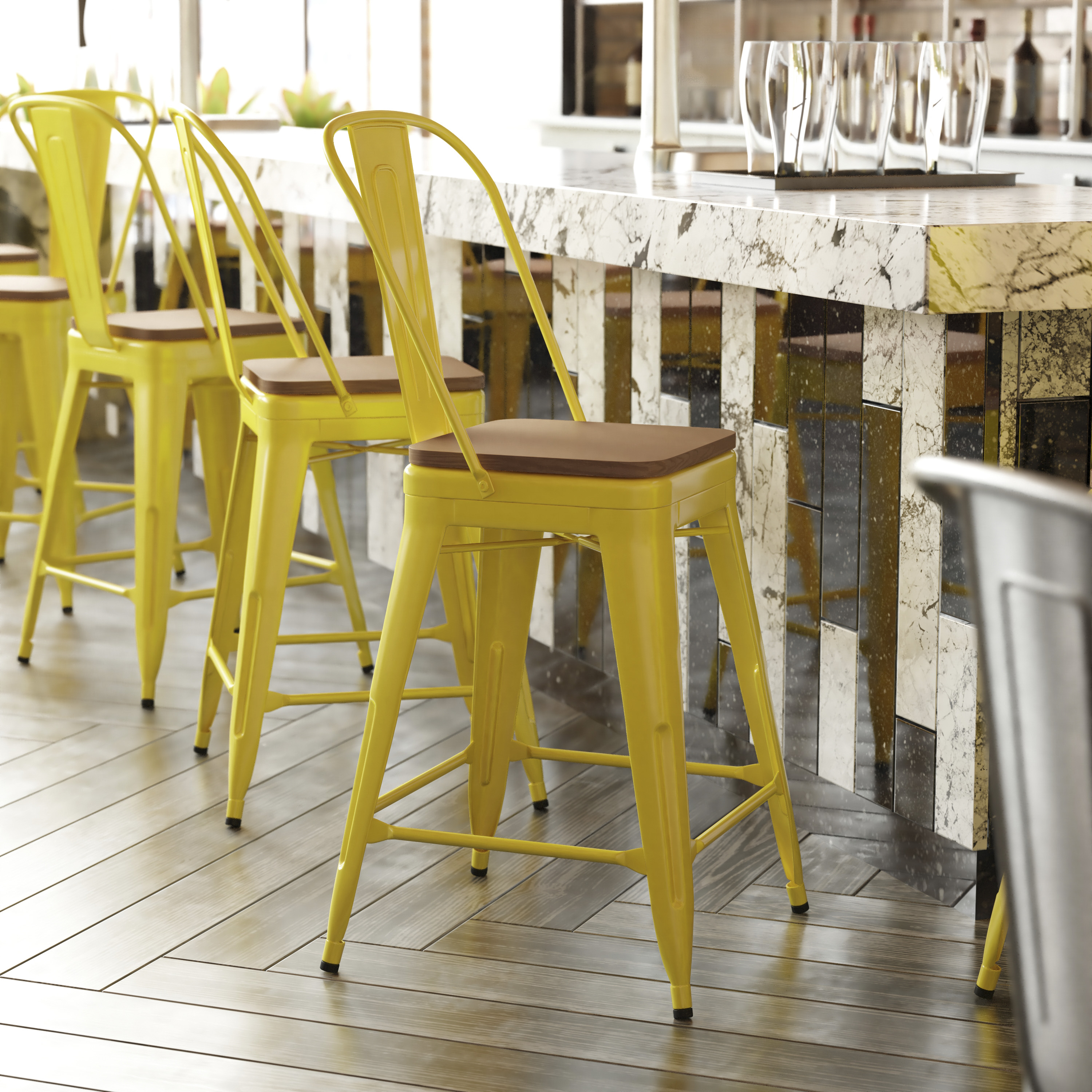 Kai Commercial Grade 24" High Yellow Metal Indoor-Outdoor Counter Height Stool with Removable Back and Teak All-Weather Poly Resin Seat
