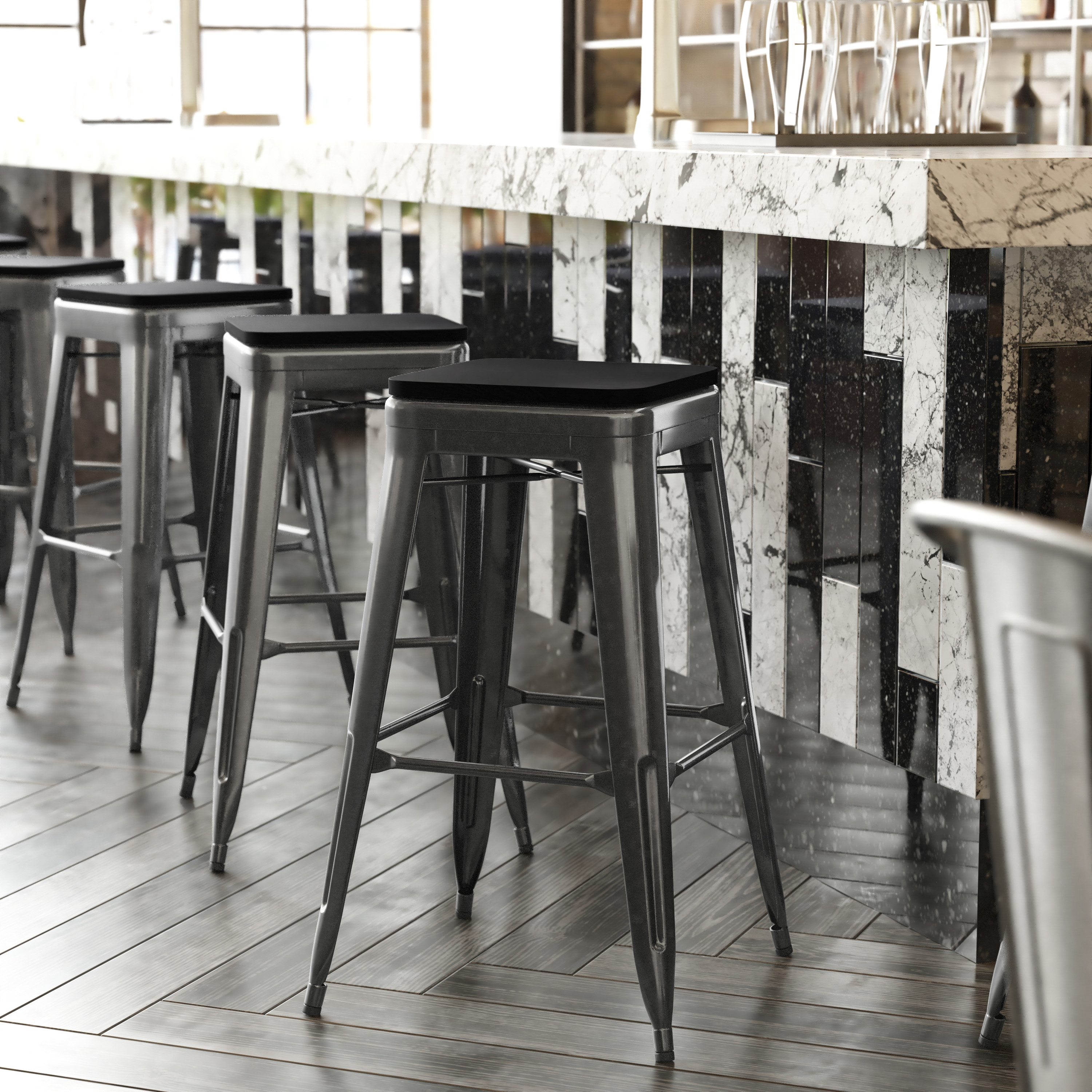 Kai Commercial Grade 30" High Backless Black Metal Indoor-Outdoor Barstool with Black Poly Resin Wood Seat
