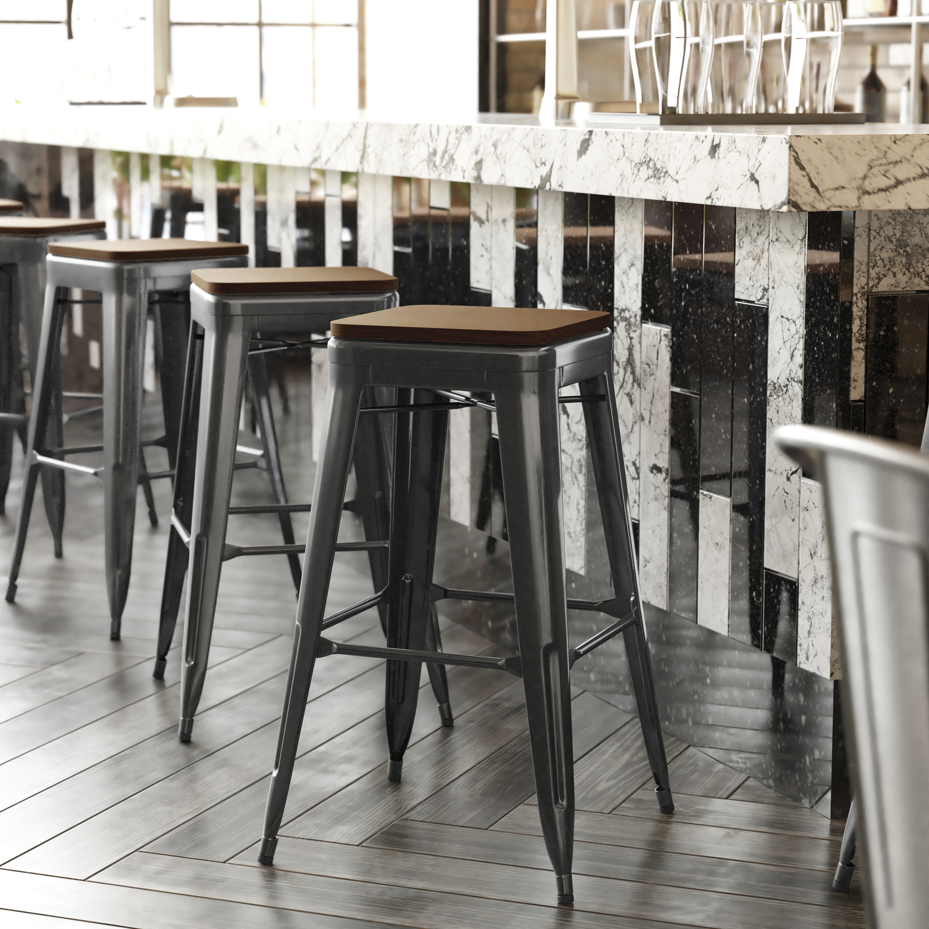 Kai Commercial Grade 30" High Backless Black Metal Indoor-Outdoor Barstool with Teak Poly Resin Wood Seat