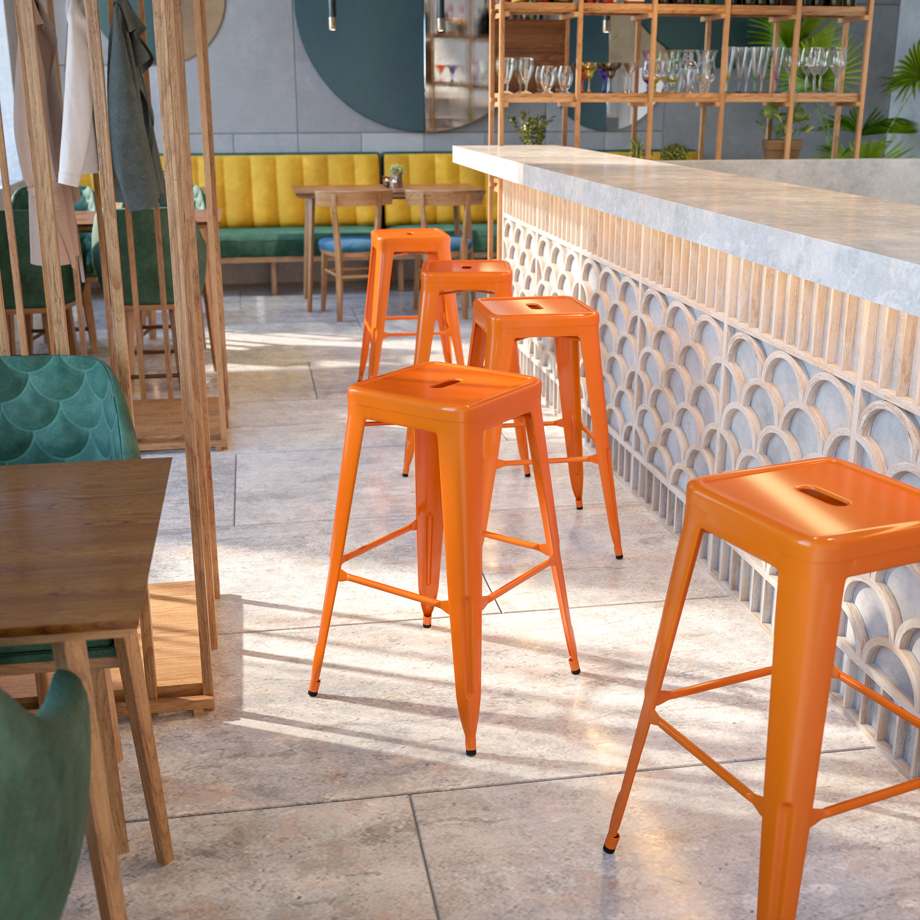 Kai Commercial Grade 30" High Backless Orange Metal Indoor-Outdoor Barstool with Square Seat