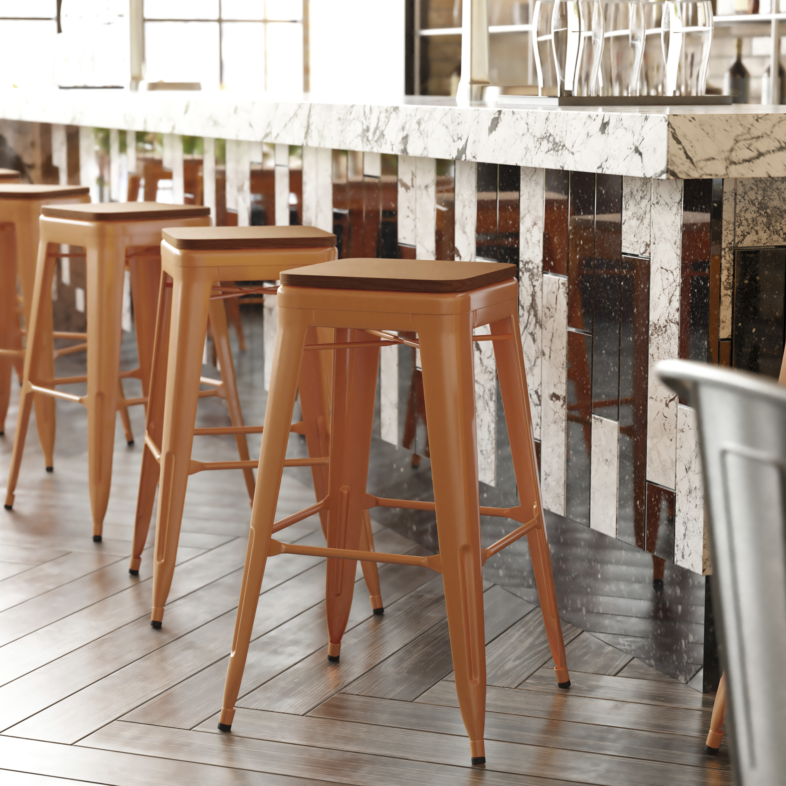 Kai Commercial Grade 30" High Backless Orange Metal Indoor-Outdoor Barstool with Teak Poly Resin Wood Seat