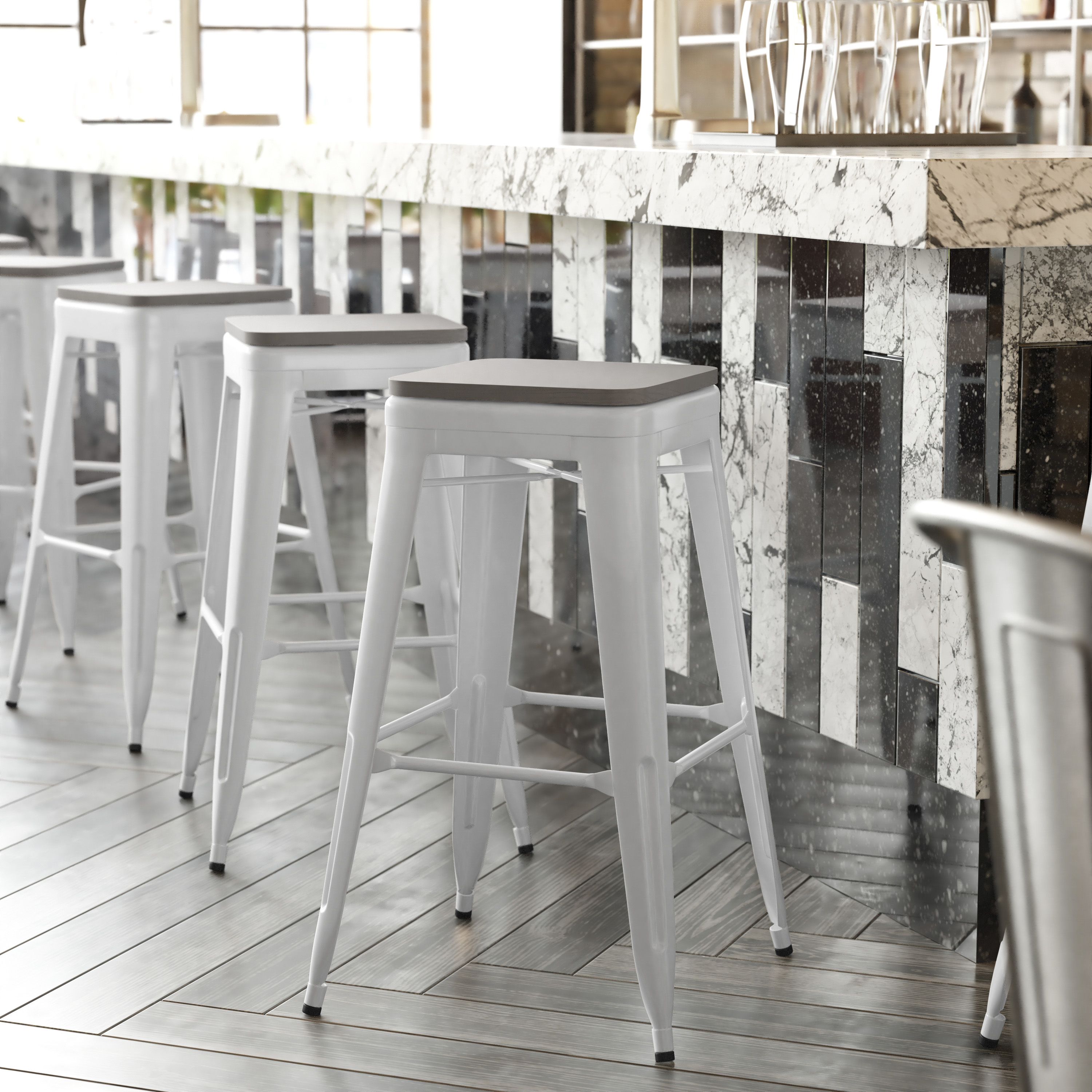 Kai Commercial Grade 30" High Backless White Metal Indoor-Outdoor Barstool with Gray Poly Resin Wood Seat