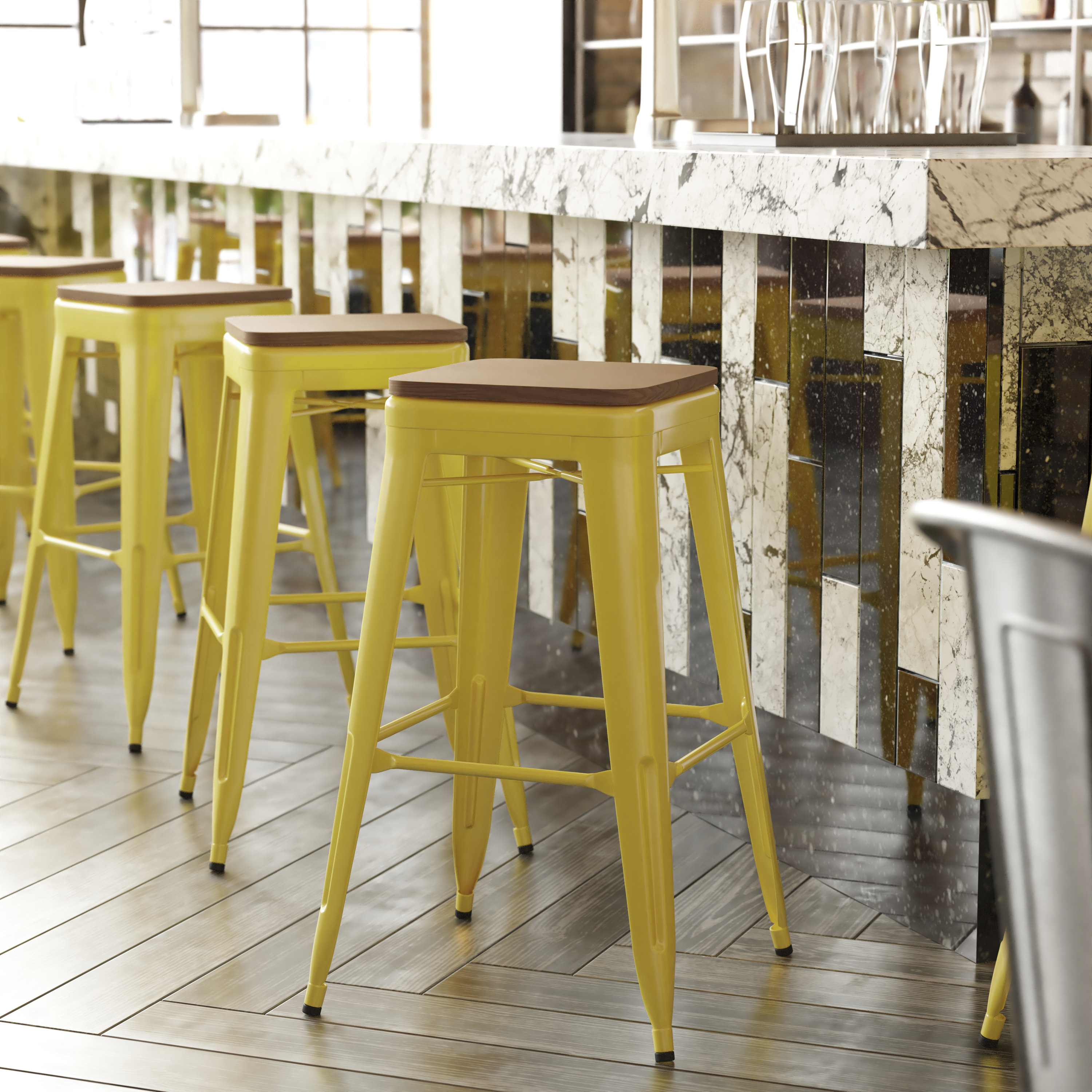 Kai Commercial Grade 30" High Backless Yellow Metal Indoor-Outdoor Barstool with Teak Poly Resin Wood Seat