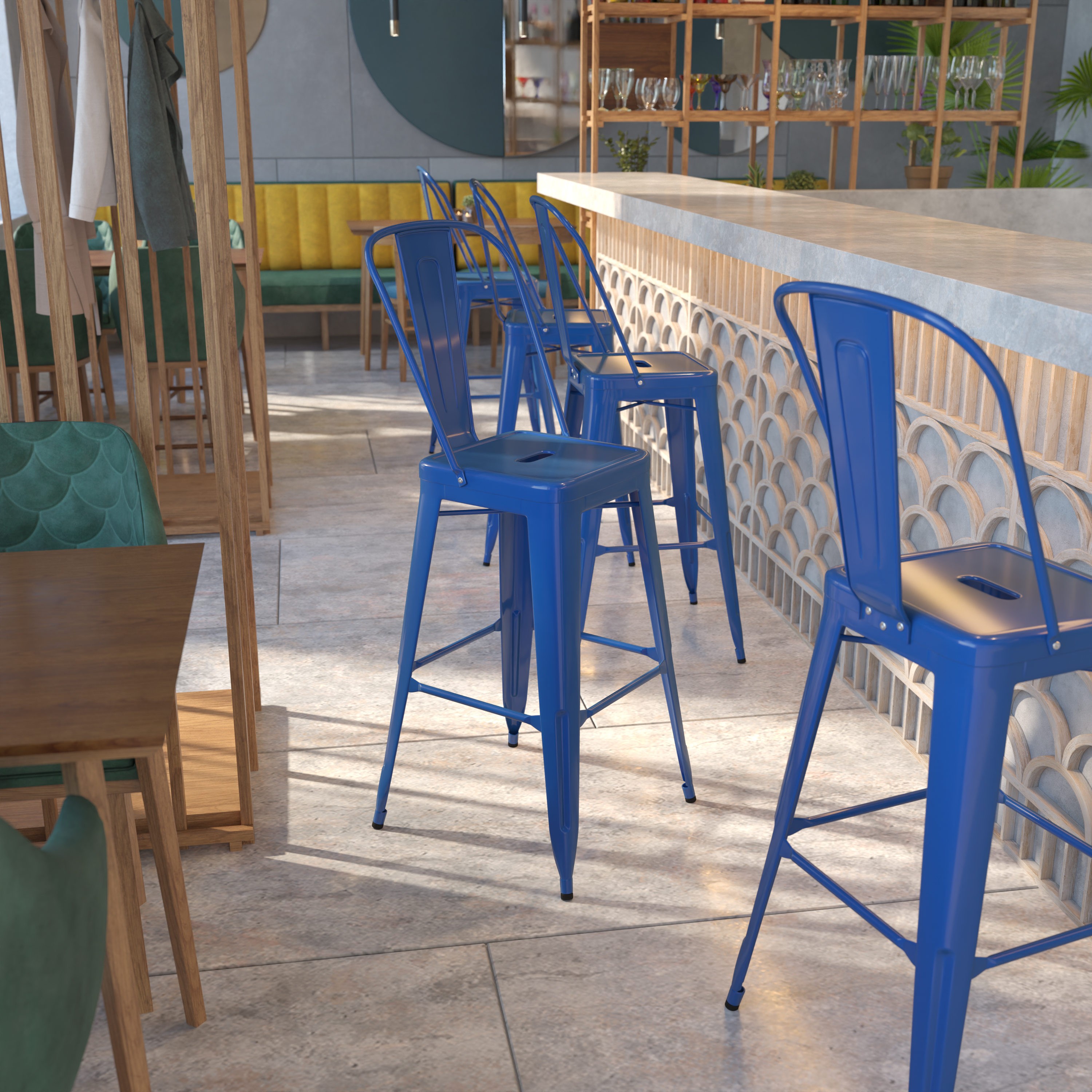Kai Commercial Grade 30" High Blue Metal Indoor-Outdoor Barstool with Removable Back