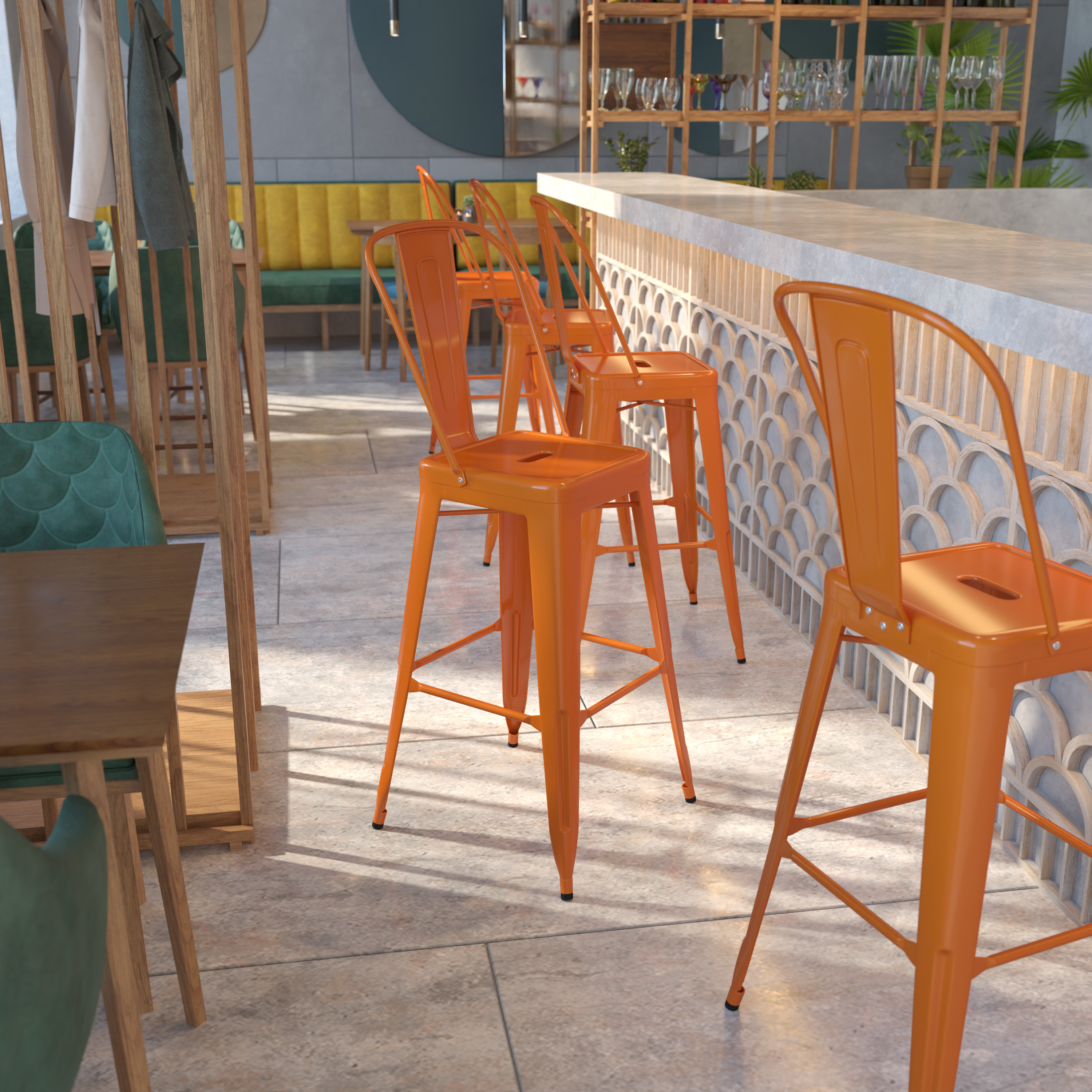 Kai Commercial Grade 30" High Orange Metal Indoor-Outdoor Barstool with Removable Back