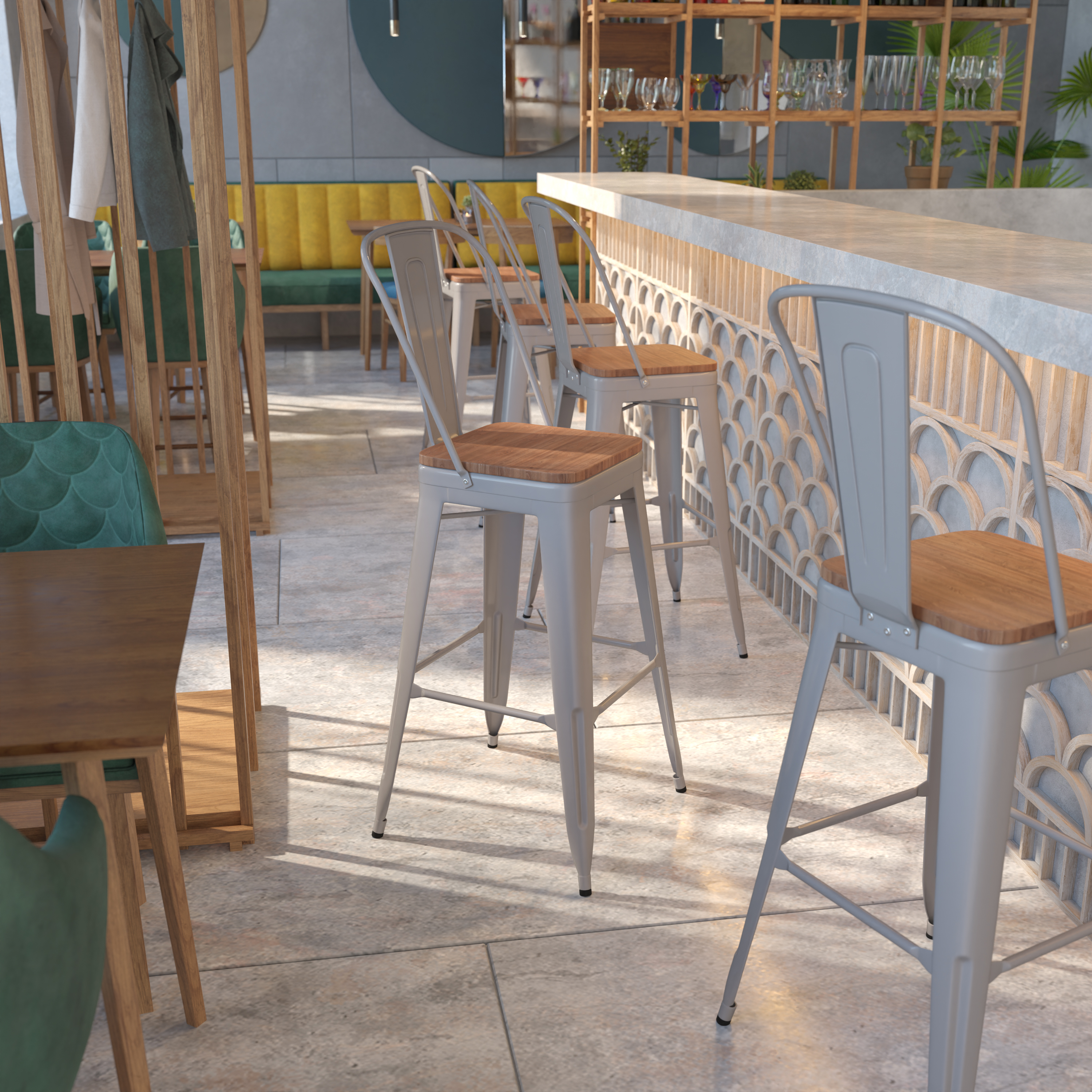 Lily 30" High Silver Metal Barstool with Back and Wood Seat
