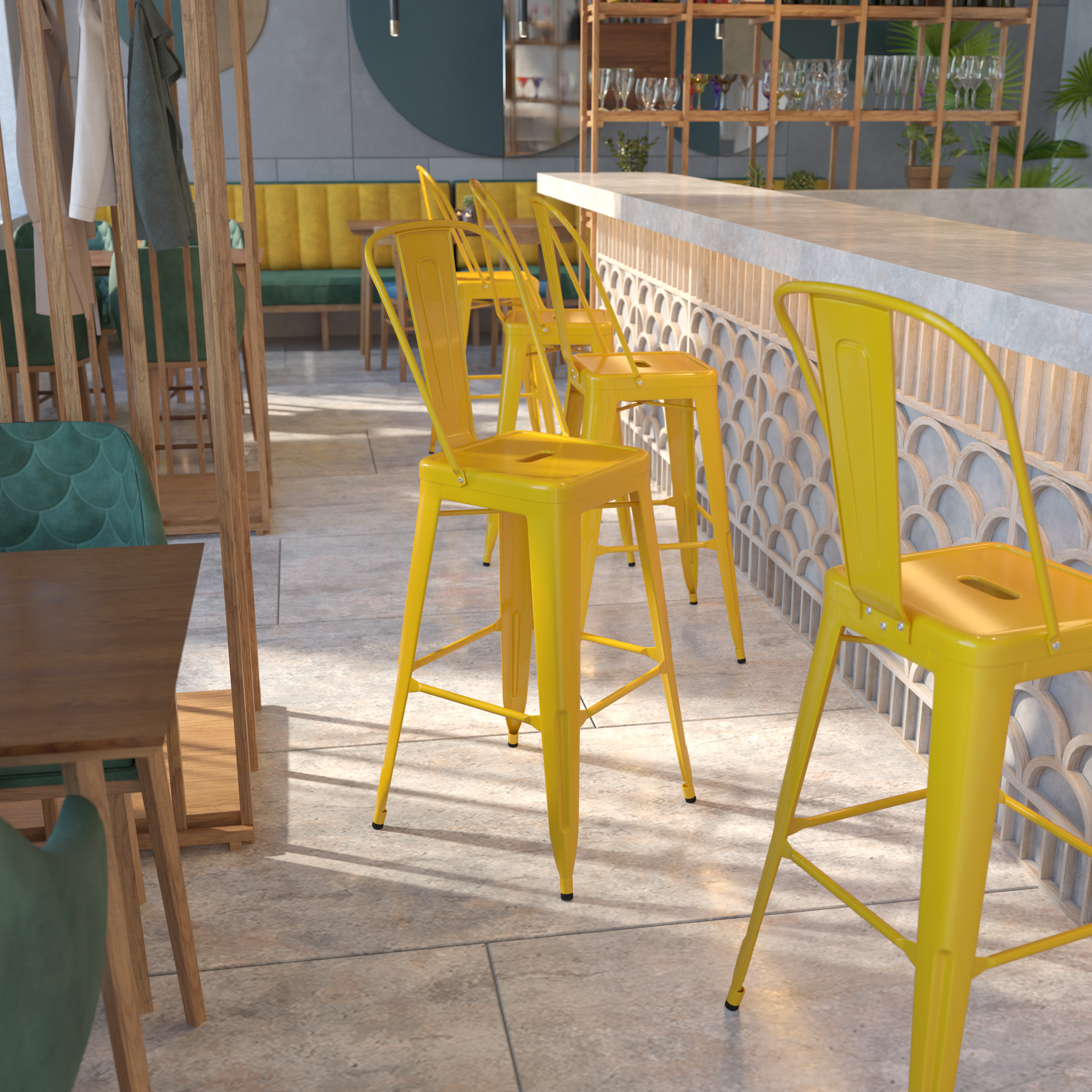 Kai Commercial Grade 30" High Yellow Metal Indoor-Outdoor Barstool with Removable Back