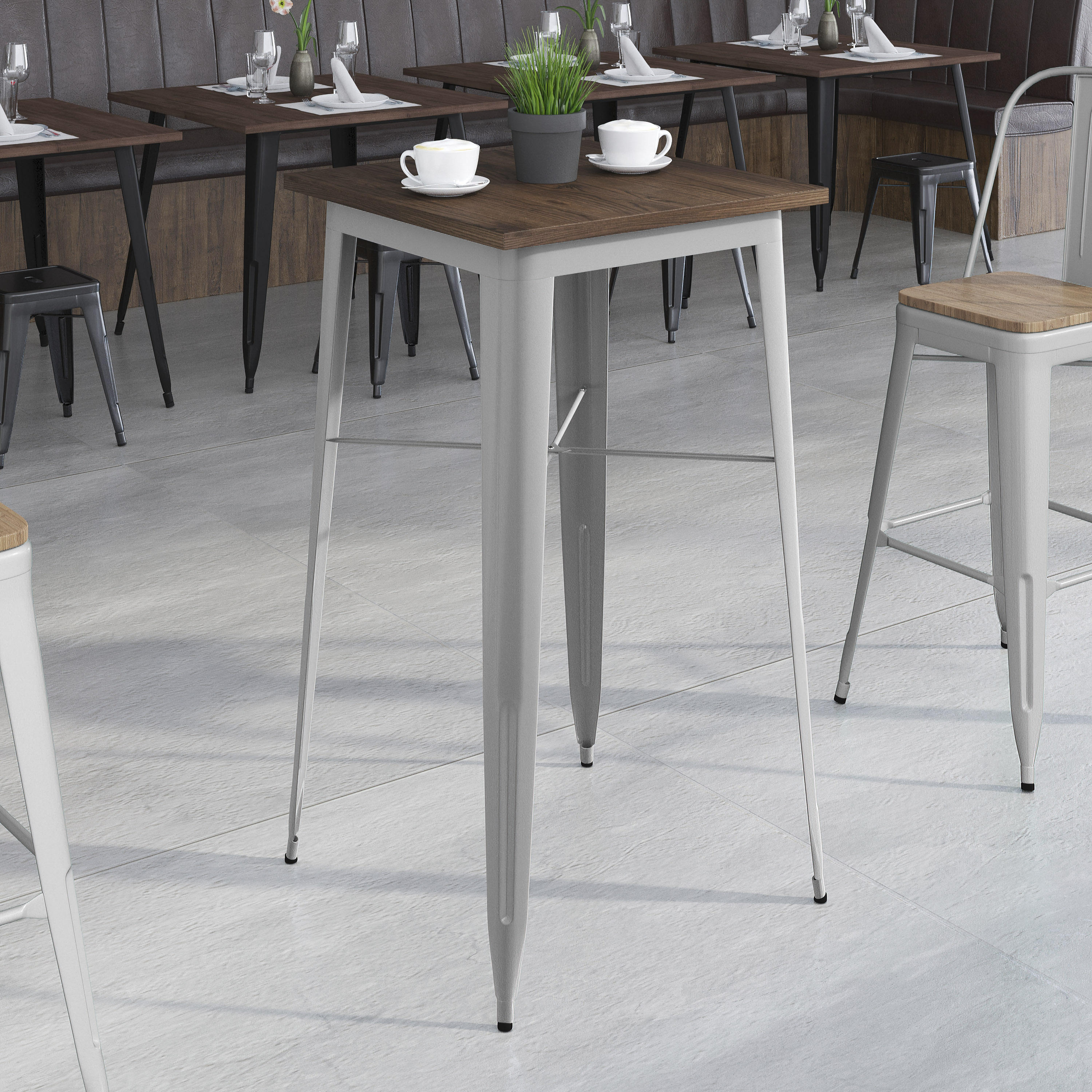Prince 23.5" Square Silver Metal Indoor Bar Height Table with Walnut Rustic Wood Top
