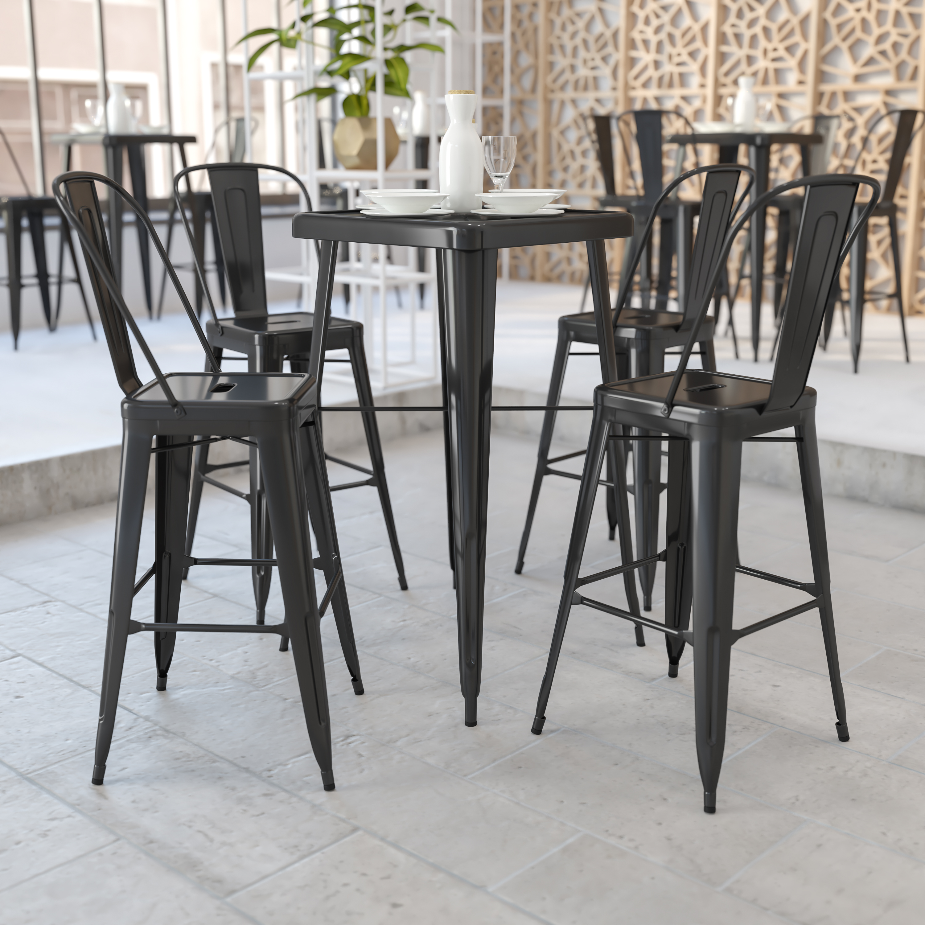 Gable Commercial Grade 23.75" Square Black Metal Indoor-Outdoor Bar Table Set with 2 Stools with Backs