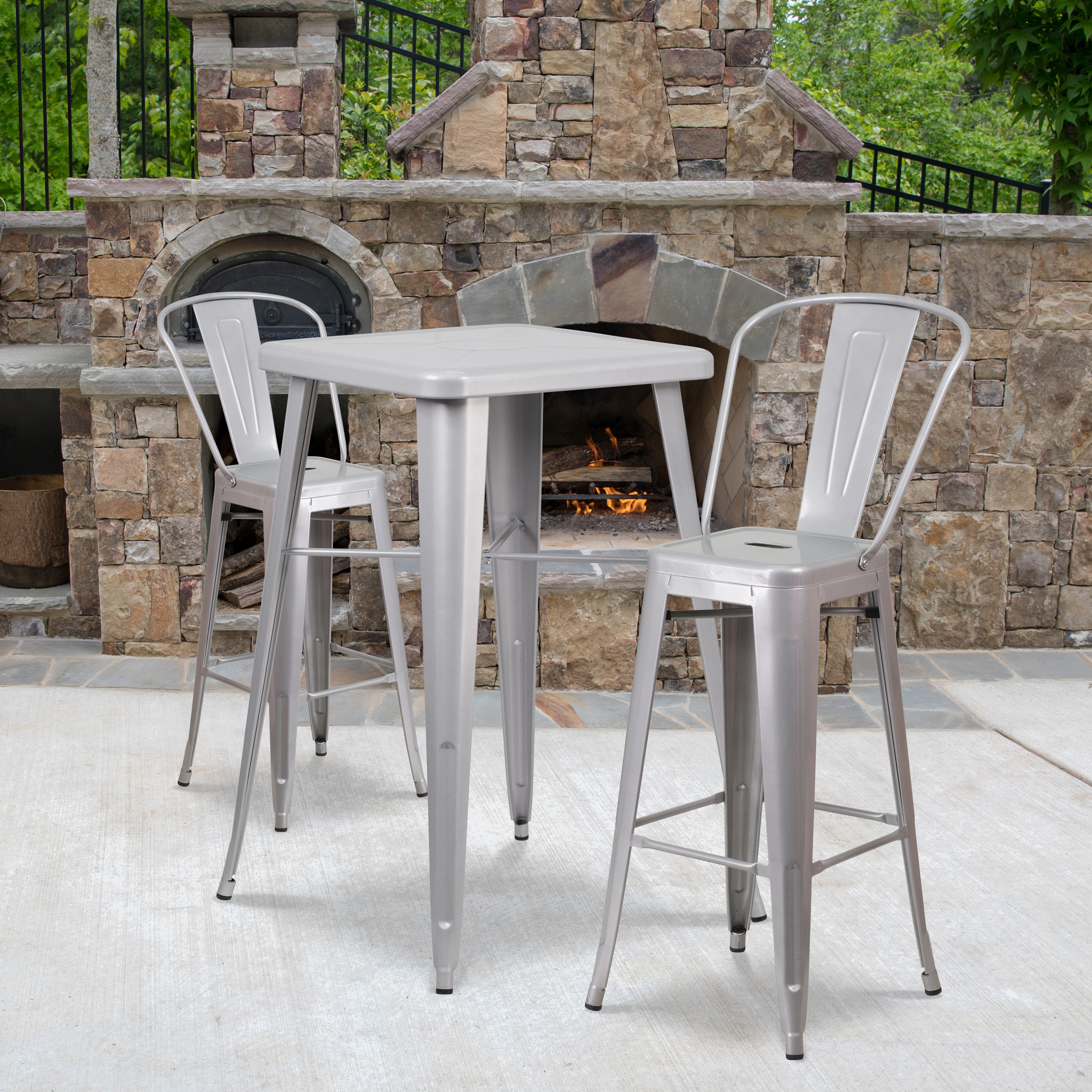 Gable Commercial Grade 23.75" Square Silver Metal Indoor-Outdoor Bar Table Set with 2 Stools with Backs