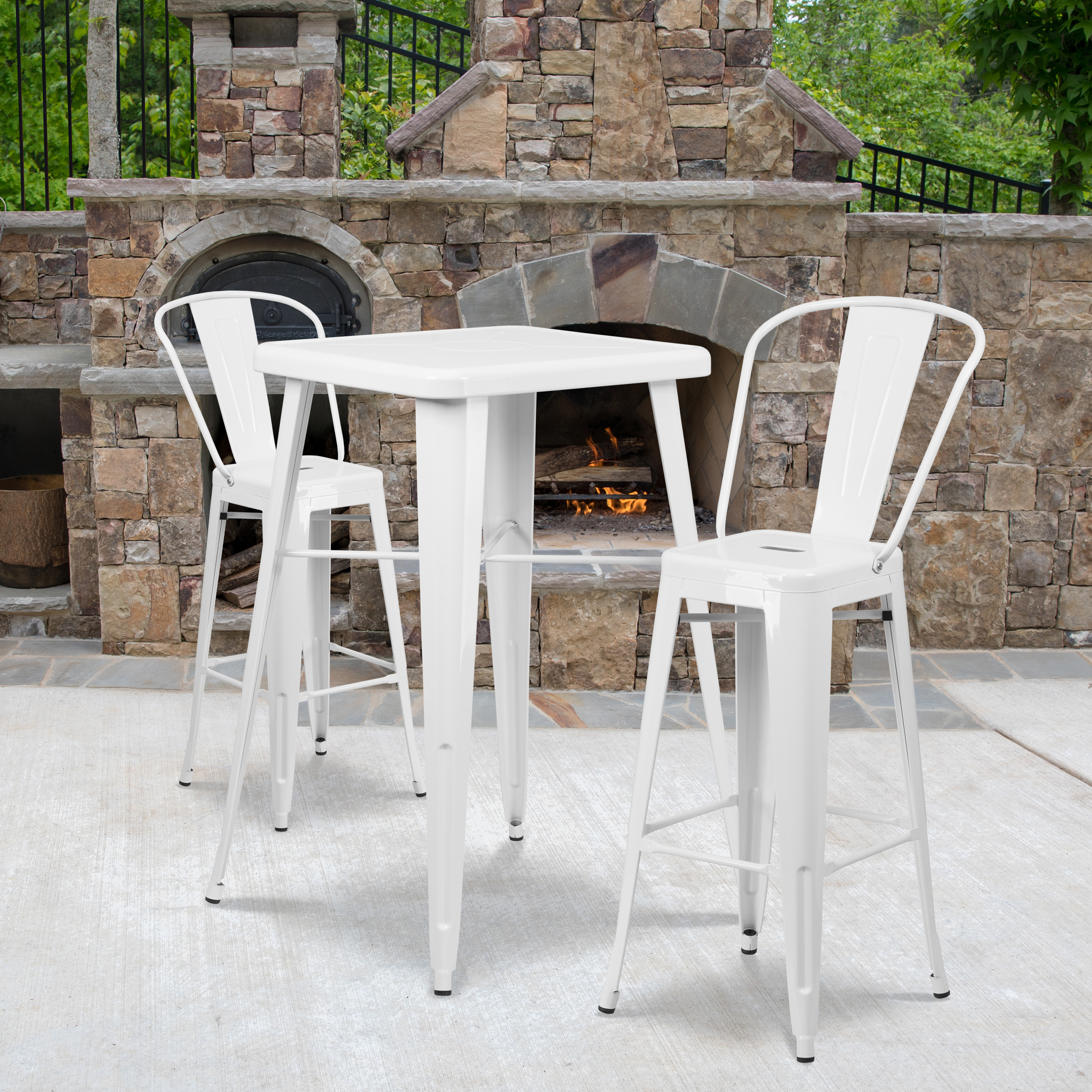 Gable Commercial Grade 23.75" Square White Metal Indoor-Outdoor Bar Table Set with 2 Stools with Backs