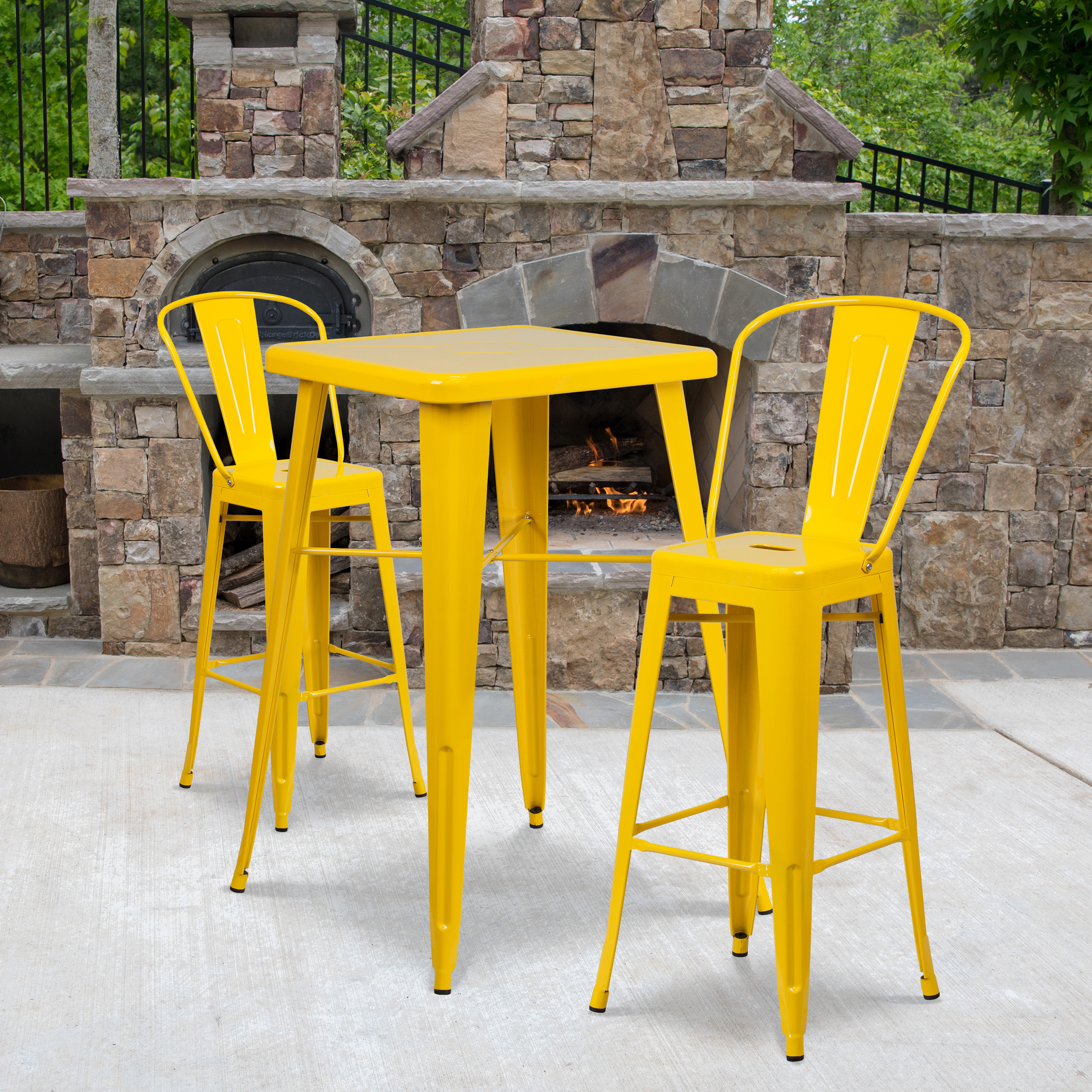 Gable Commercial Grade 23.75" Square Yellow Metal Indoor-Outdoor Bar Table Set with 2 Stools with Backs