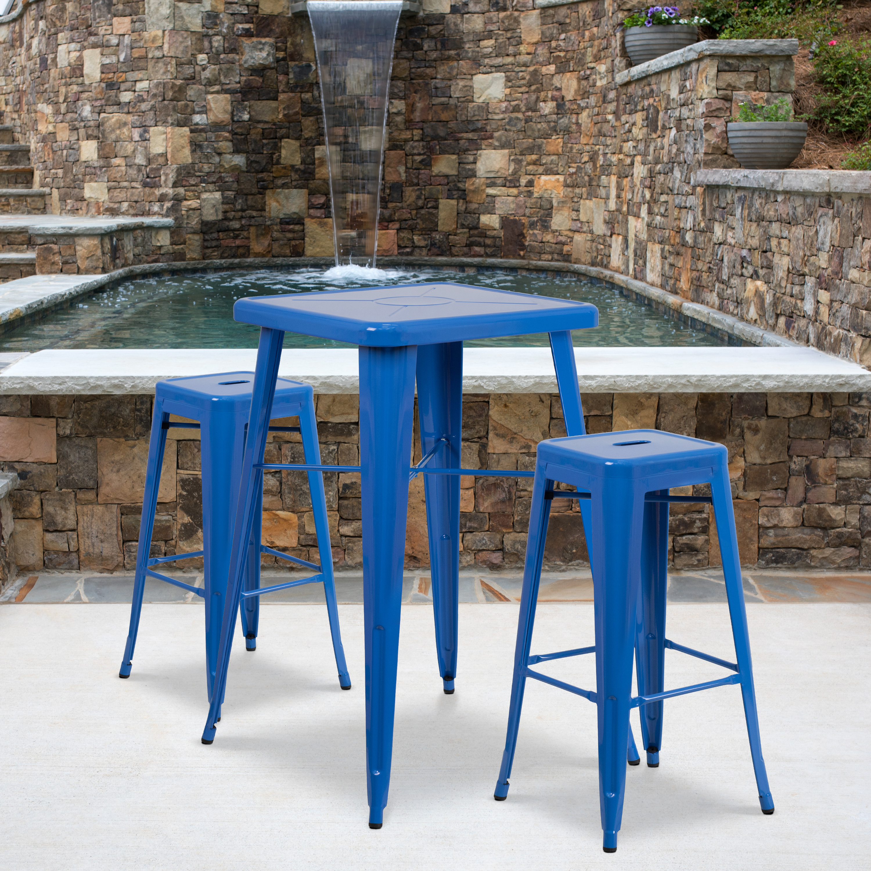 Stone Commercial Grade 23.75" Square Blue Metal Indoor-Outdoor Bar Table Set with 2 Square Seat Backless Stools