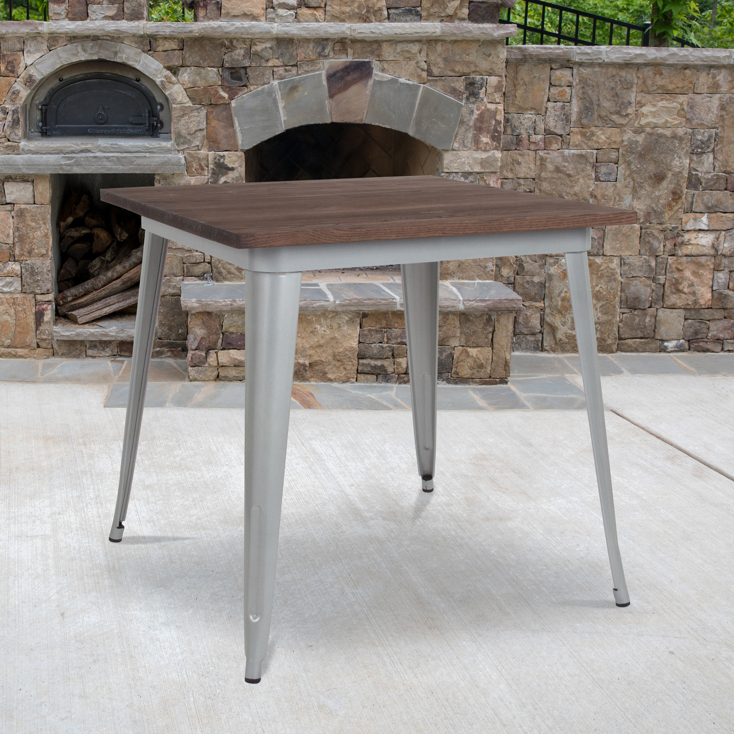 Toby 31.5" Square Silver Metal Indoor Table with Walnut Rustic Wood Top