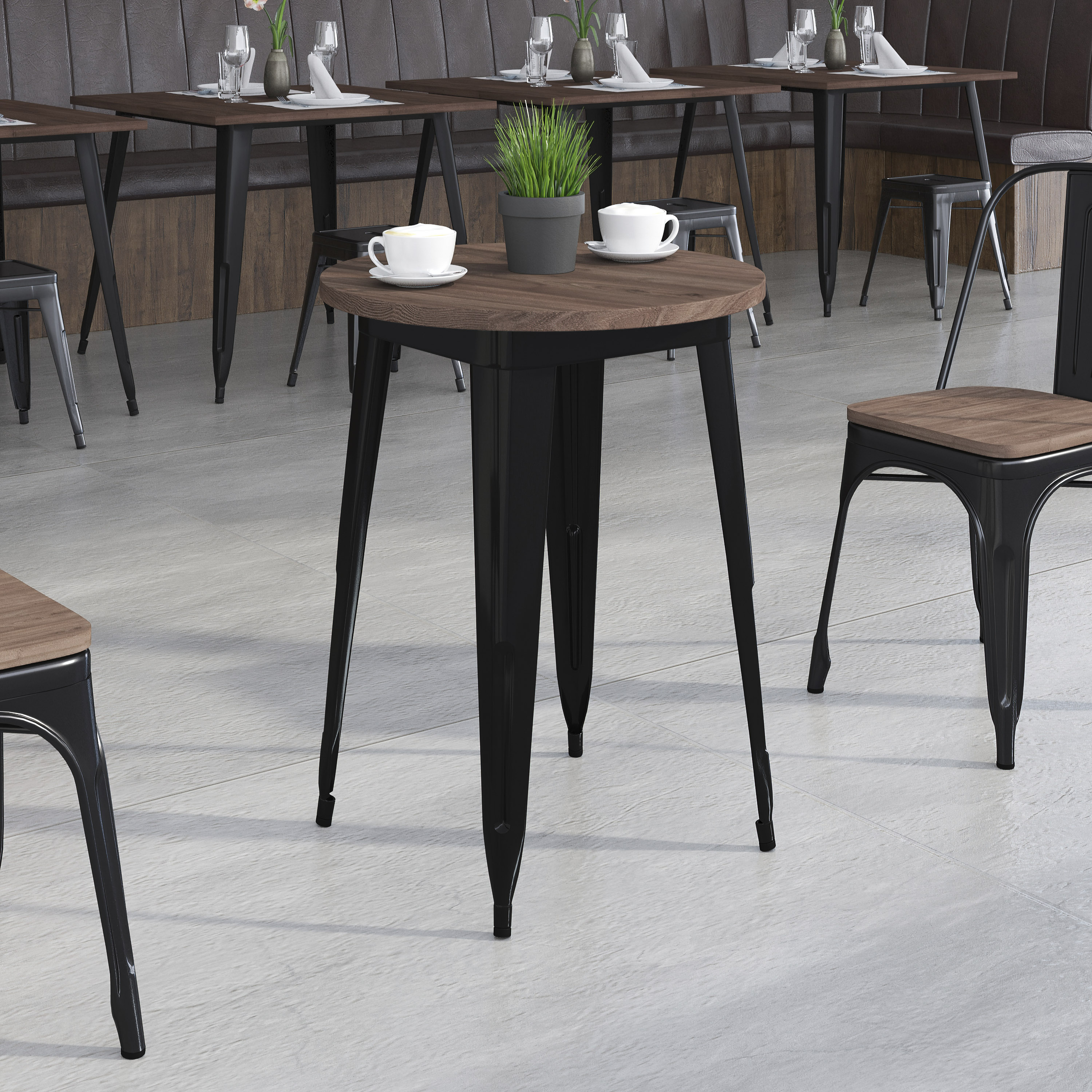 Webb 24" Round Black Metal Indoor Table with Walnut Rustic Wood Top