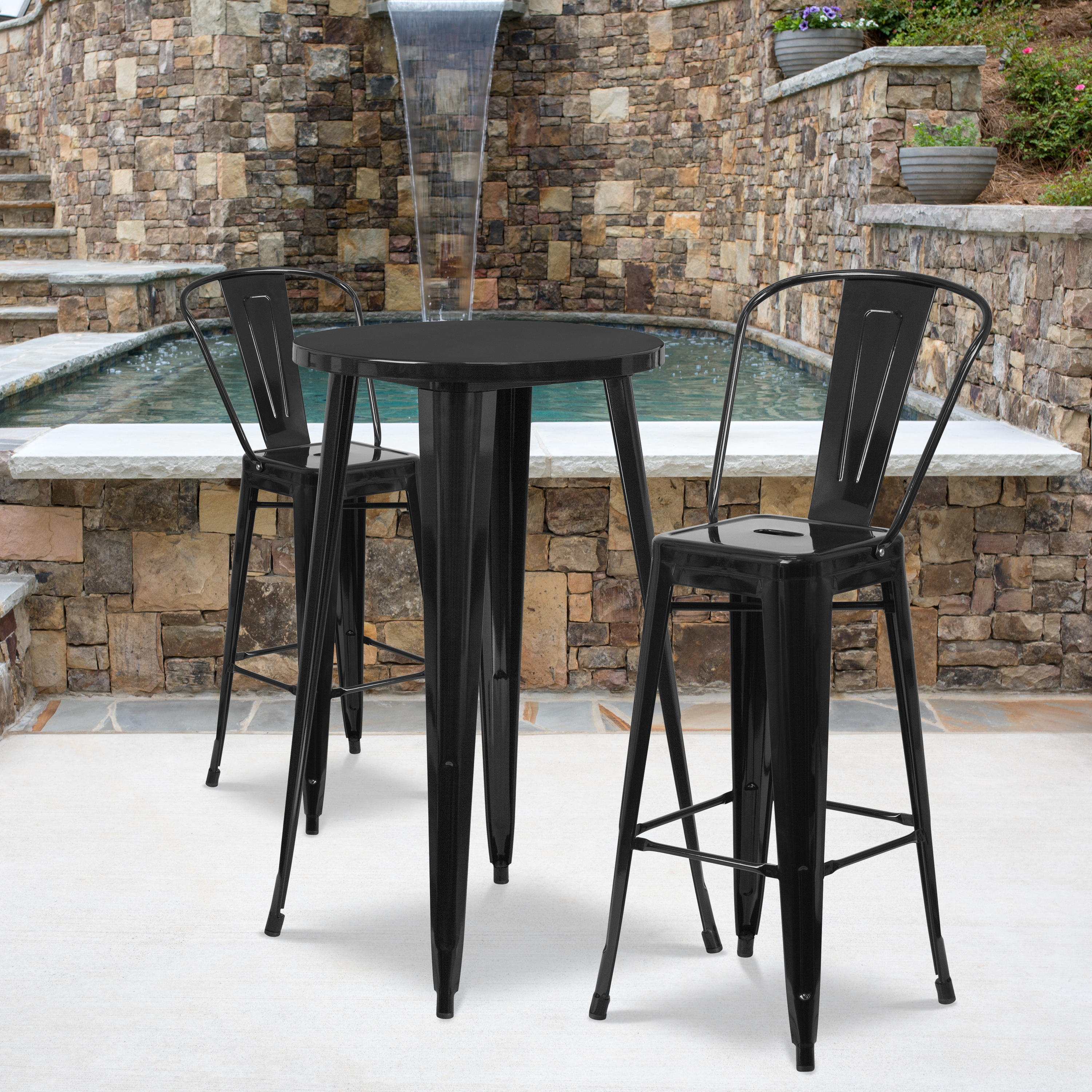 Nichols Commercial Grade 24" Round Black Metal Indoor-Outdoor Bar Table Set with 2 Cafe Stools