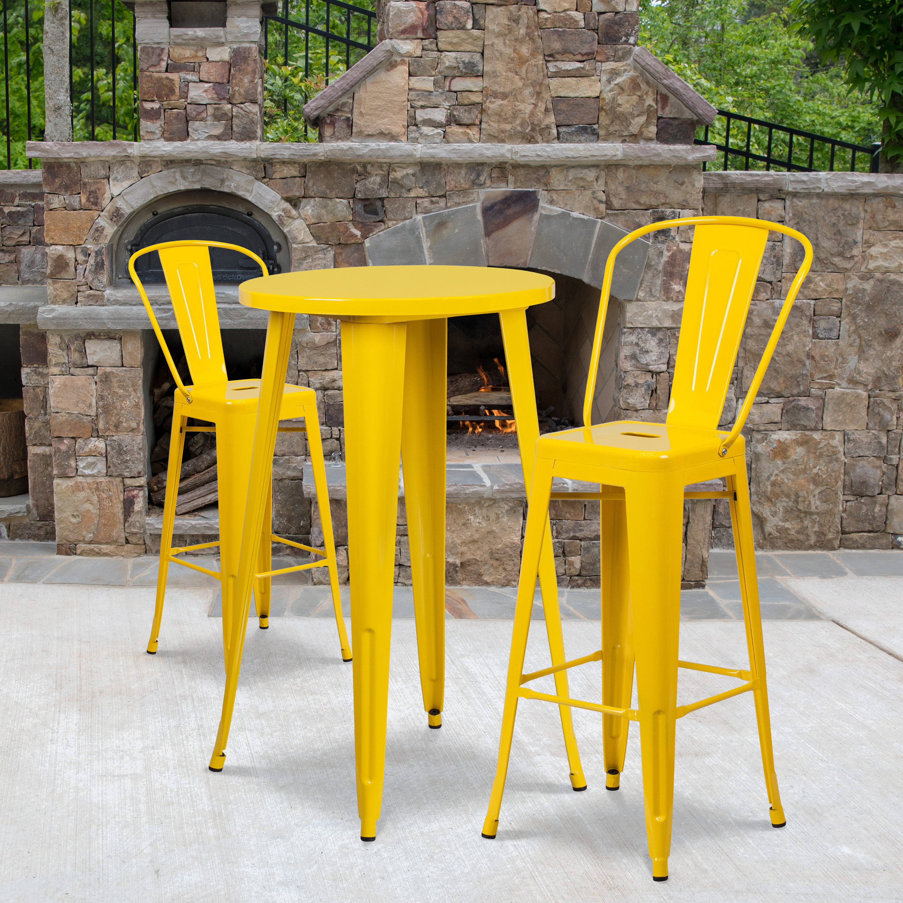 Nichols Commercial Grade 24" Round Yellow Metal Indoor-Outdoor Bar Table Set with 2 Cafe Stools