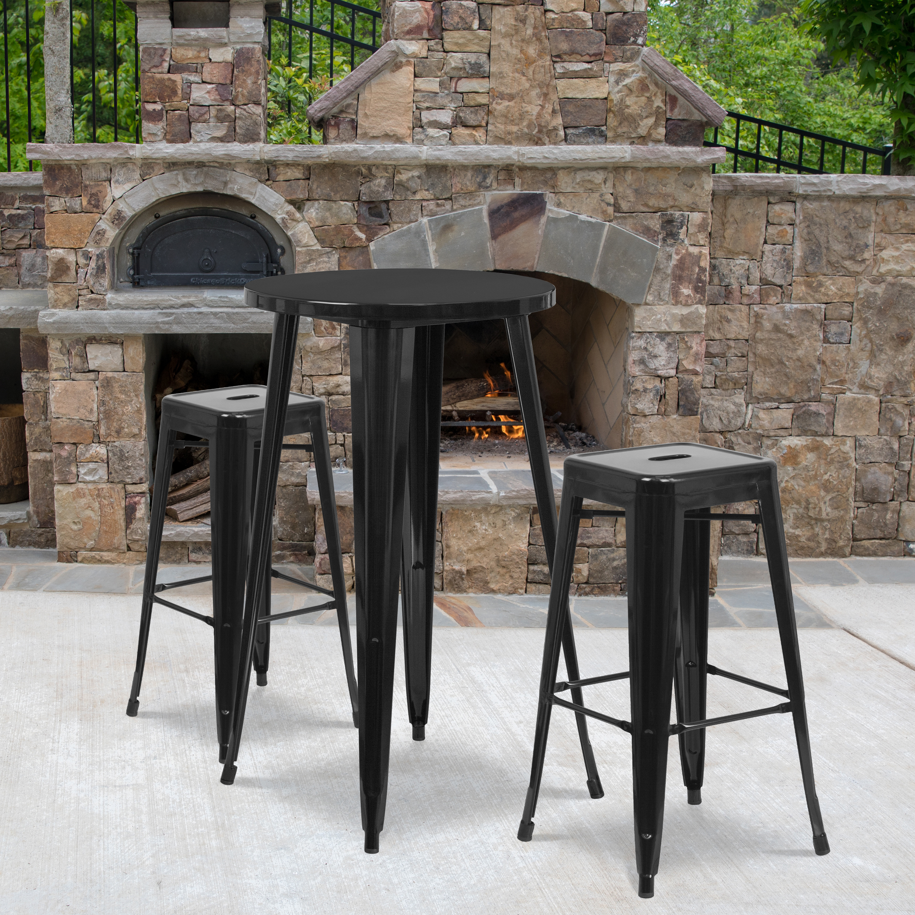 Douglas Commercial Grade 24" Round Black Metal Indoor-Outdoor Bar Table Set with 2 Square Seat Backless Stools