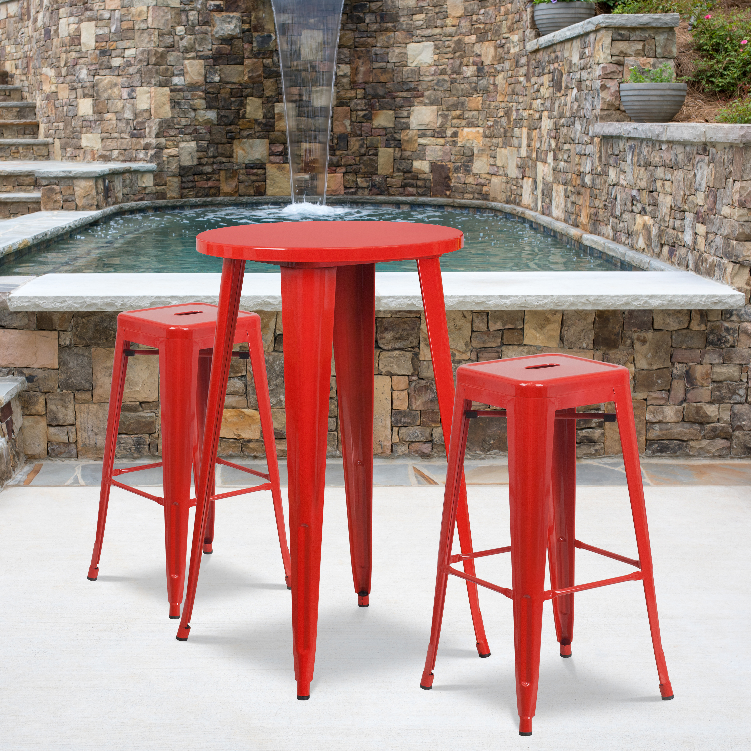Douglas Commercial Grade 24" Round Red Metal Indoor-Outdoor Bar Table Set with 2 Square Seat Backless Stools
