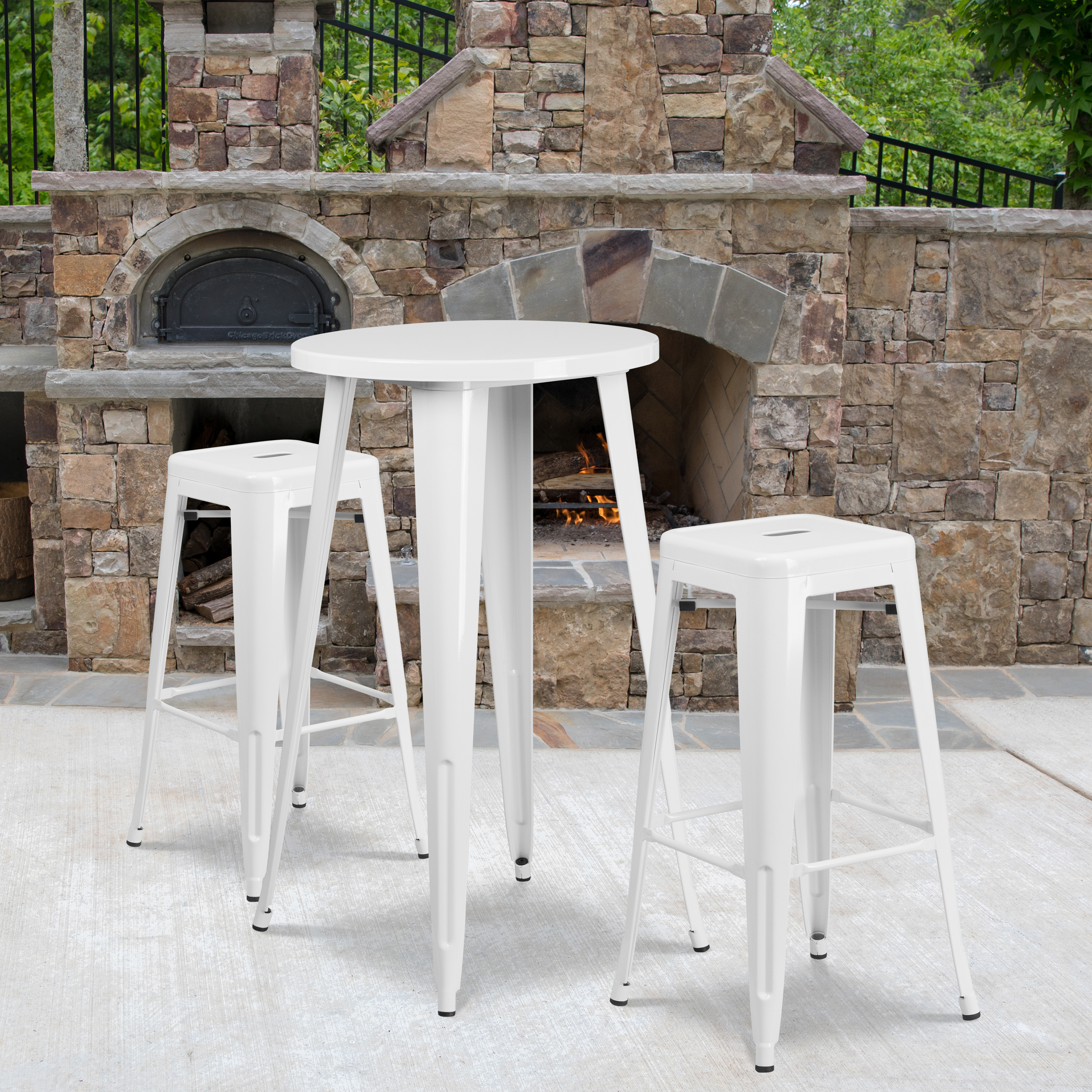 Douglas Commercial Grade 24" Round White Metal Indoor-Outdoor Bar Table Set with 2 Square Seat Backless Stools