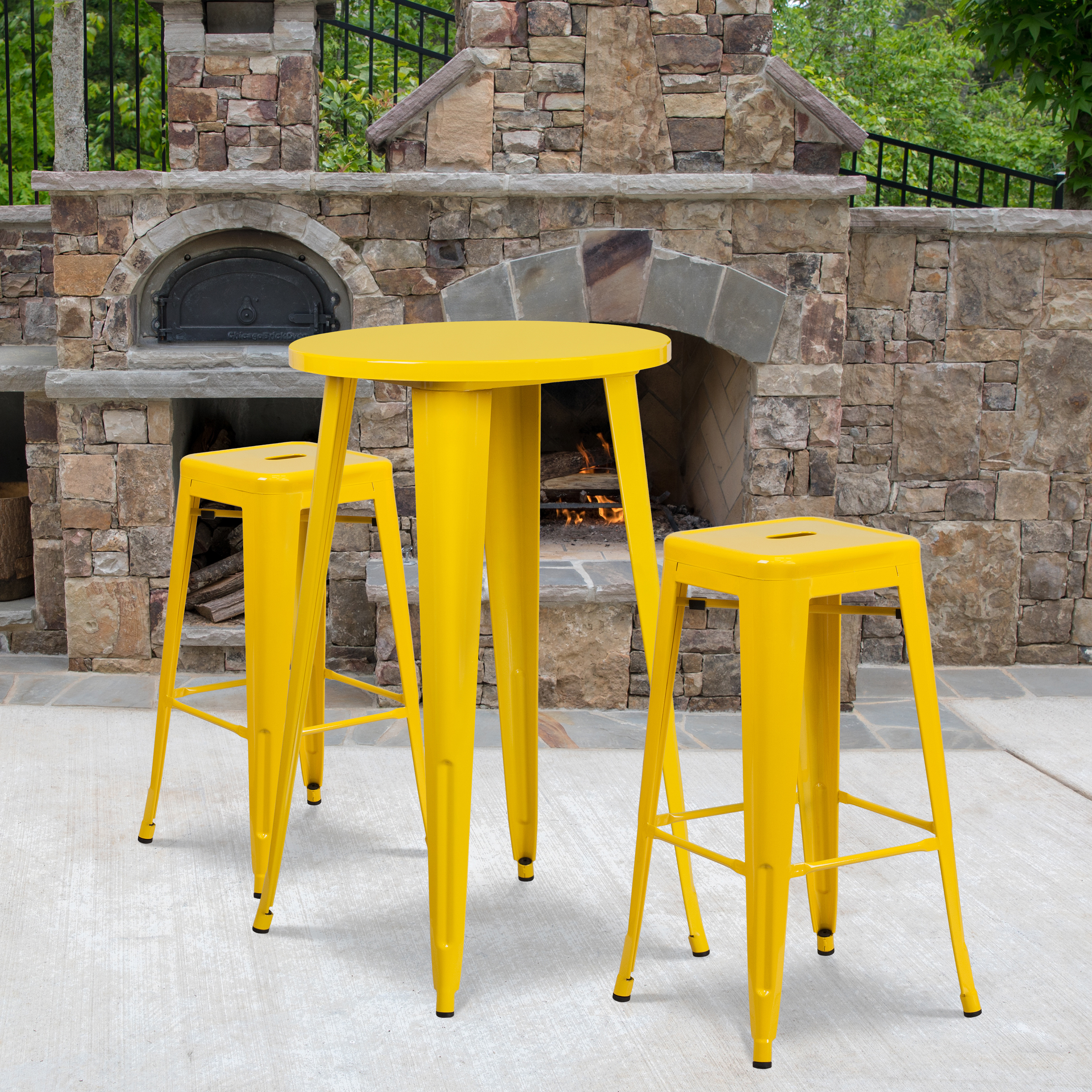 Douglas Commercial Grade 24" Round Yellow Metal Indoor-Outdoor Bar Table Set with 2 Square Seat Backless Stools