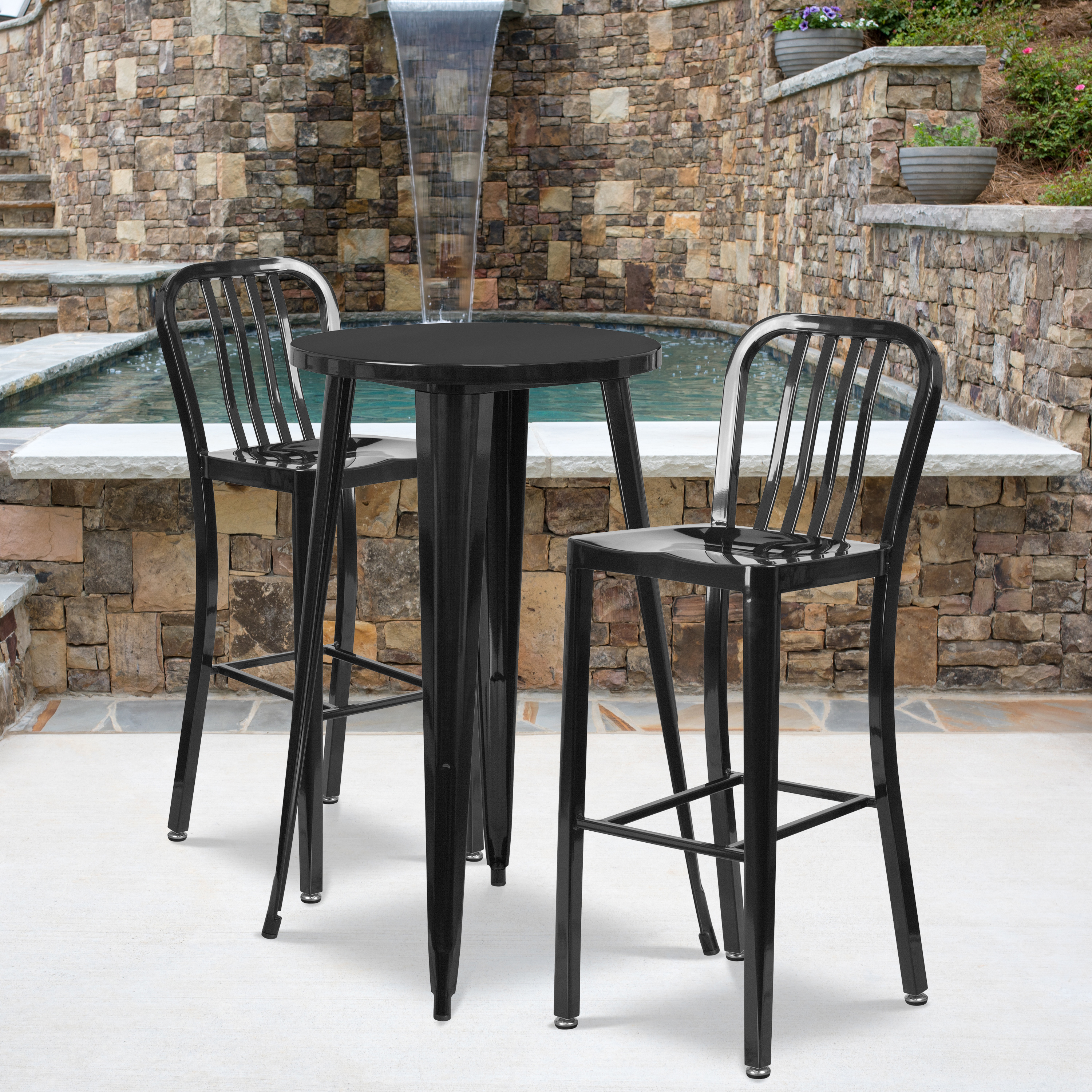 Earl Commercial Grade 24" Round Black Metal Indoor-Outdoor Bar Table Set with 2 Vertical Slat Back Stools