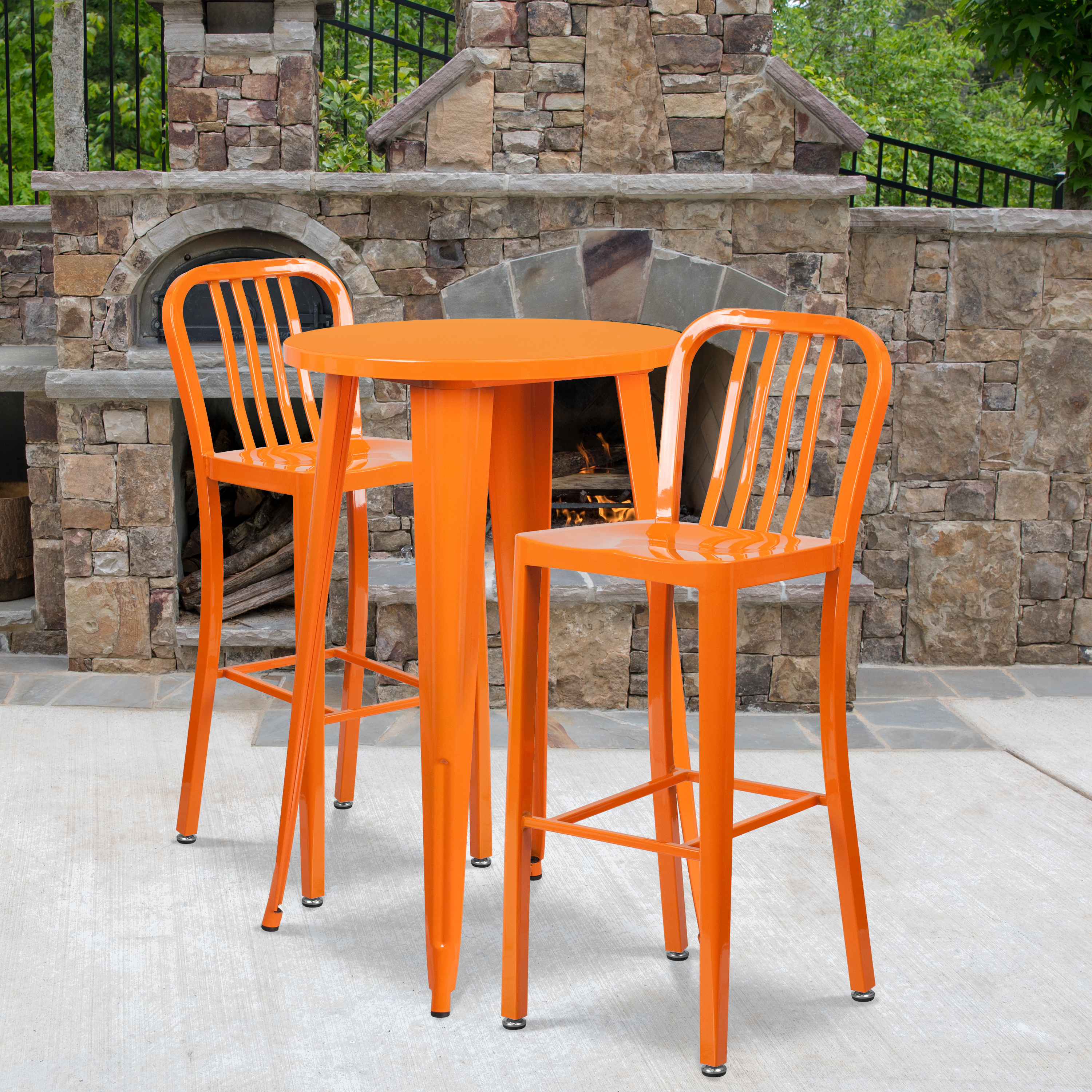 Earl Commercial Grade 24" Round Orange Metal Indoor-Outdoor Bar Table Set with 2 Vertical Slat Back Stools