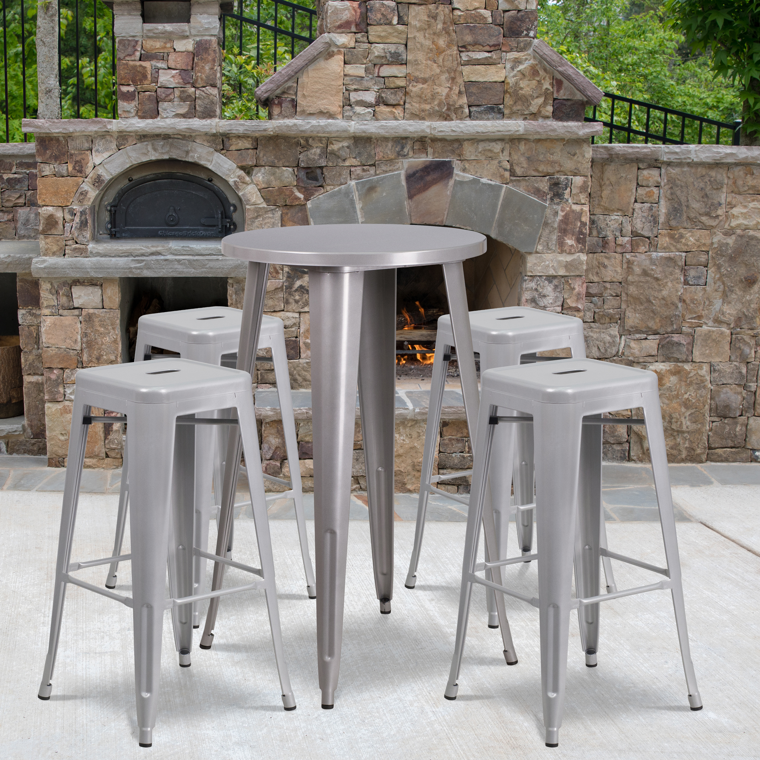 Ormsby Commercial Grade 24" Round Silver Metal Indoor-Outdoor Bar Table Set with 4 Square Seat Backless Stools