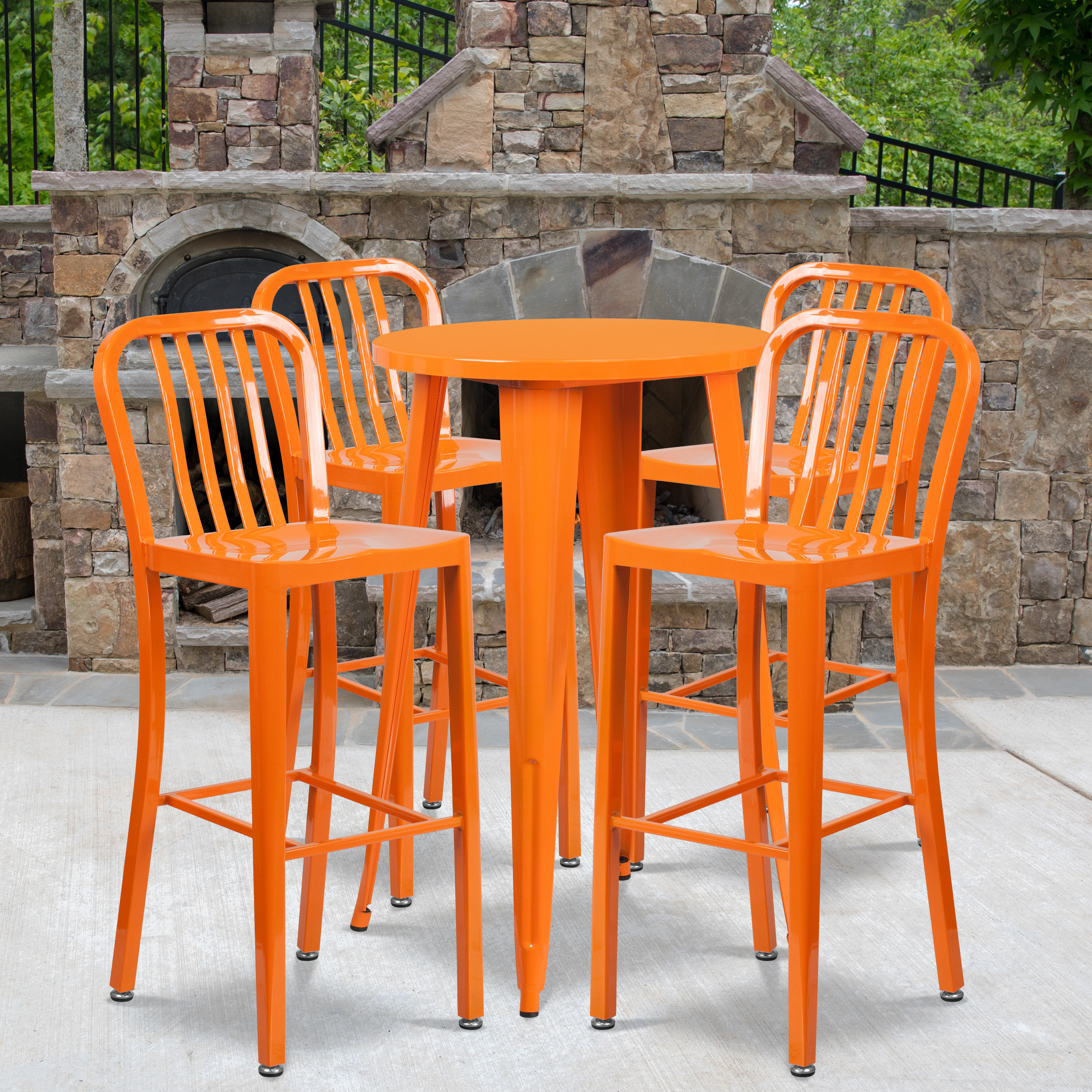 Richard Commercial Grade 24" Round Orange Metal Indoor-Outdoor Bar Table Set with 4 Vertical Slat Back Stools