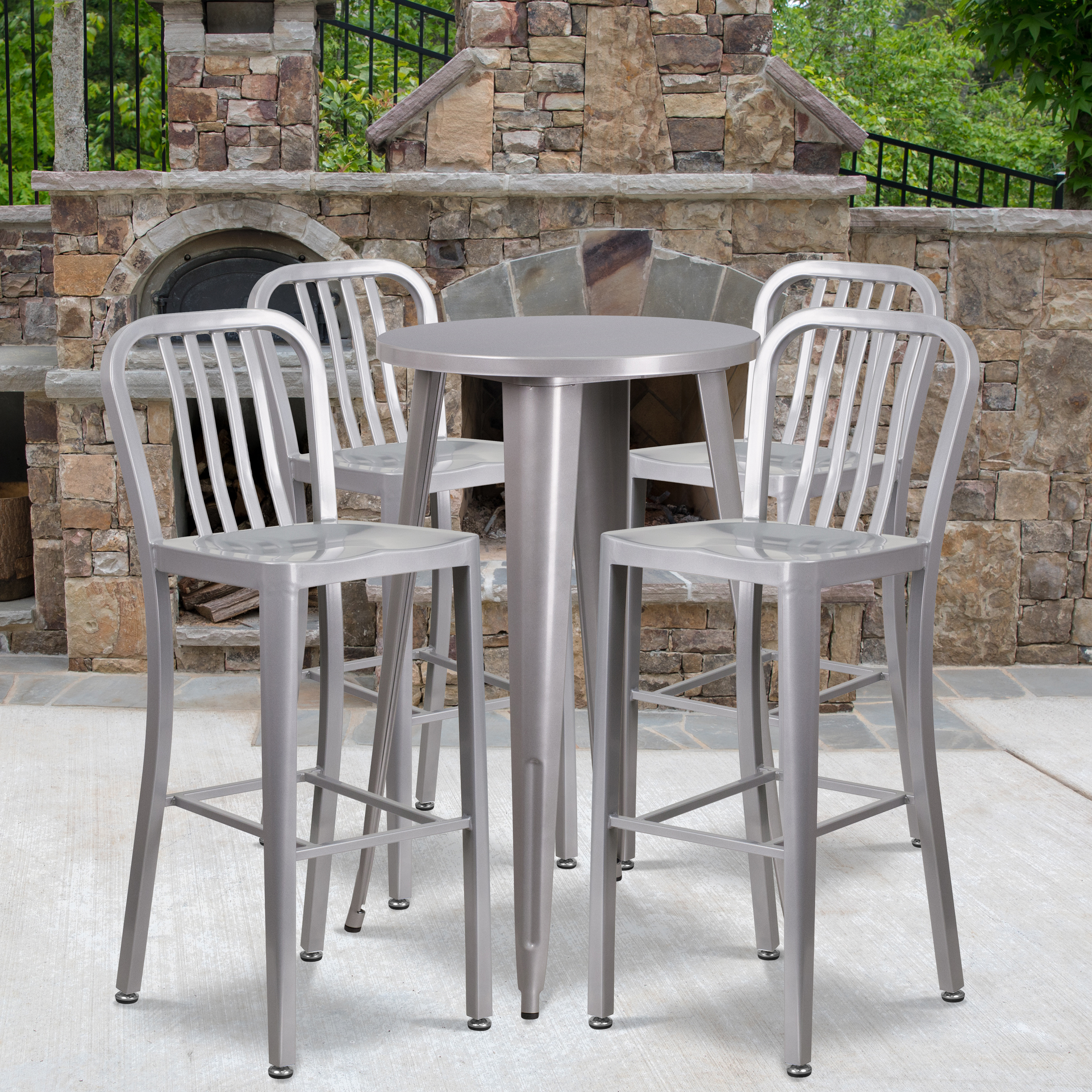 Richard Commercial Grade 24" Round Silver Metal Indoor-Outdoor Bar Table Set with 4 Vertical Slat Back Stools