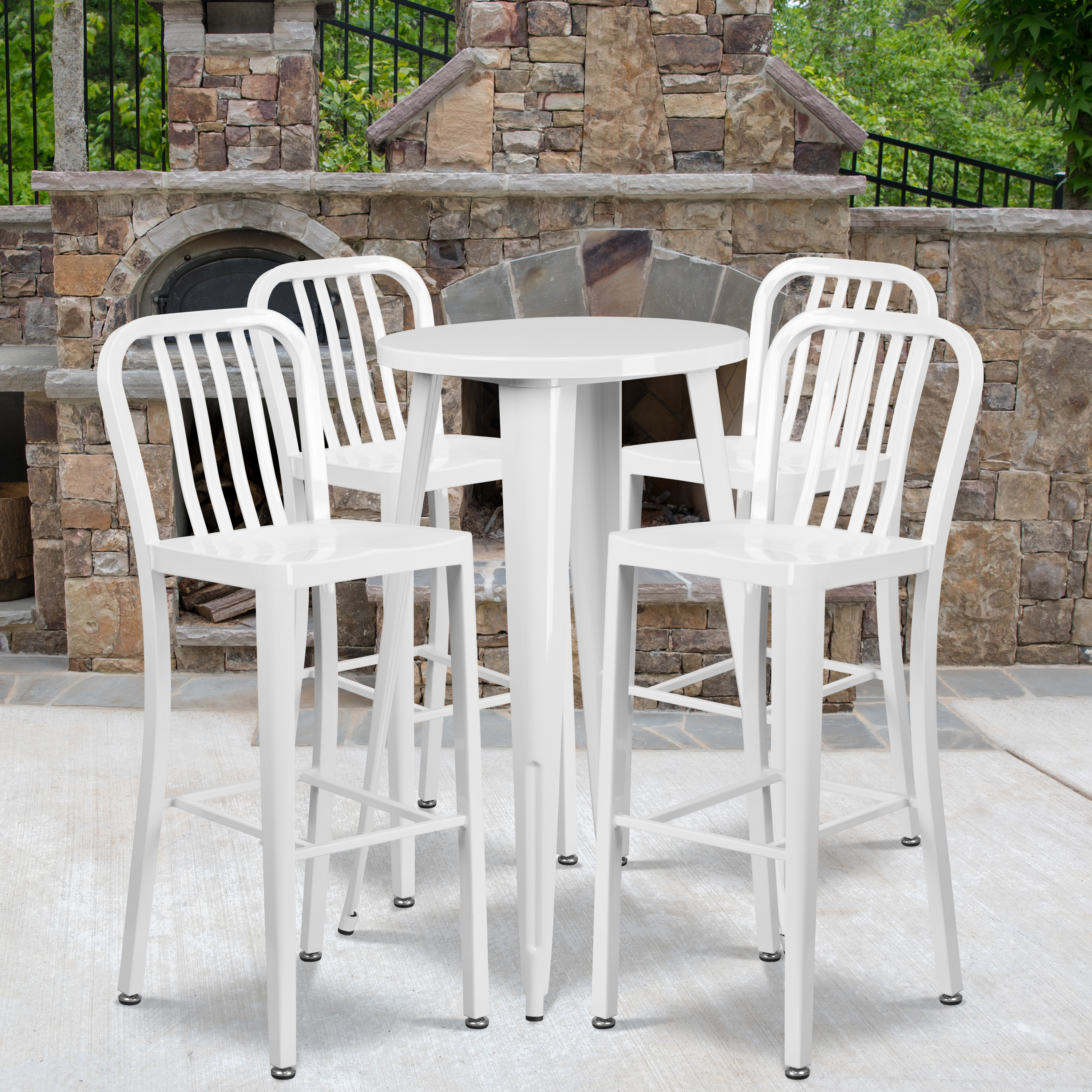 Richard Commercial Grade 24" Round White Metal Indoor-Outdoor Bar Table Set with 4 Vertical Slat Back Stools