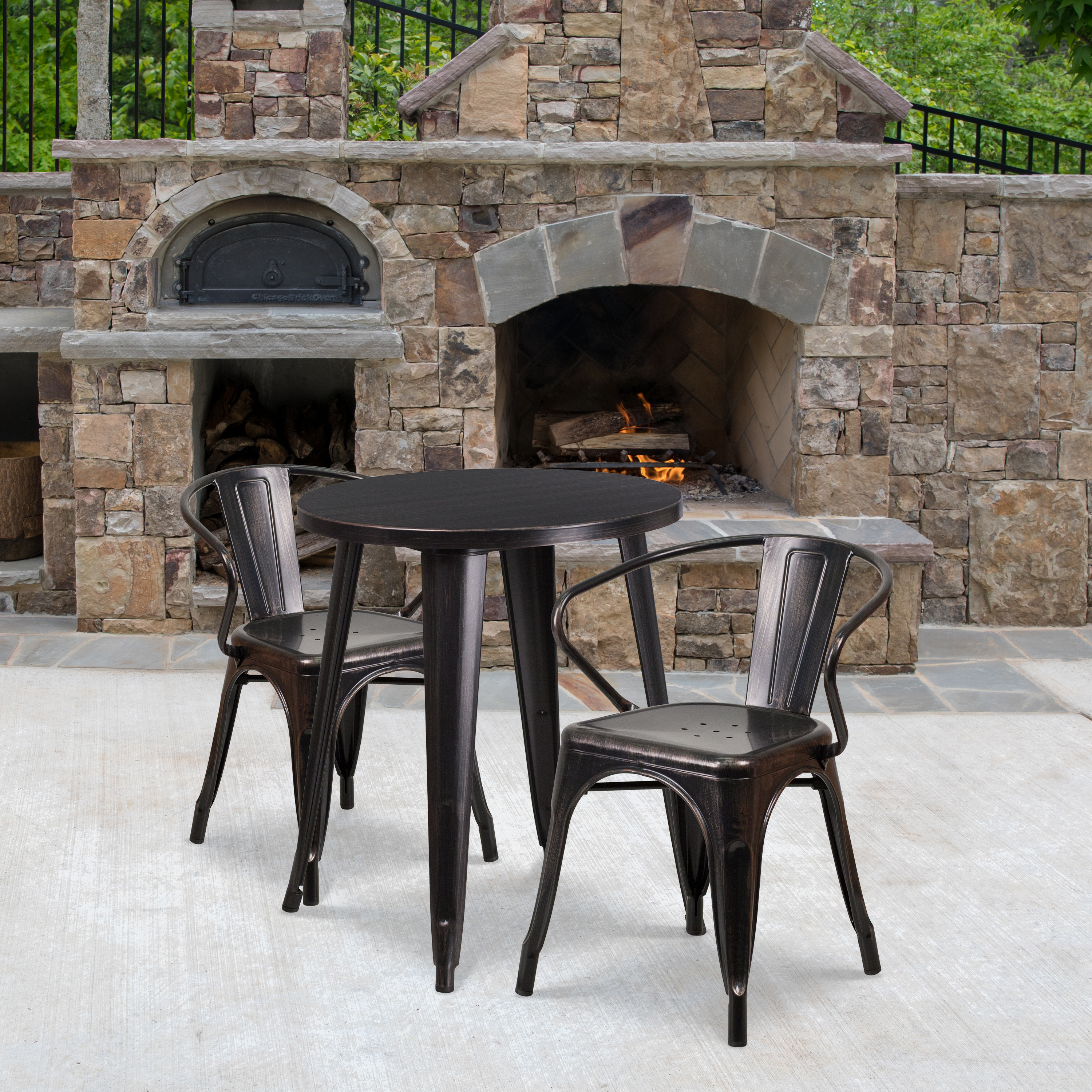 Napoleon Commercial Grade 24" Round Black-Antique Gold Metal Indoor-Outdoor Table Set with 2 Arm Chairs