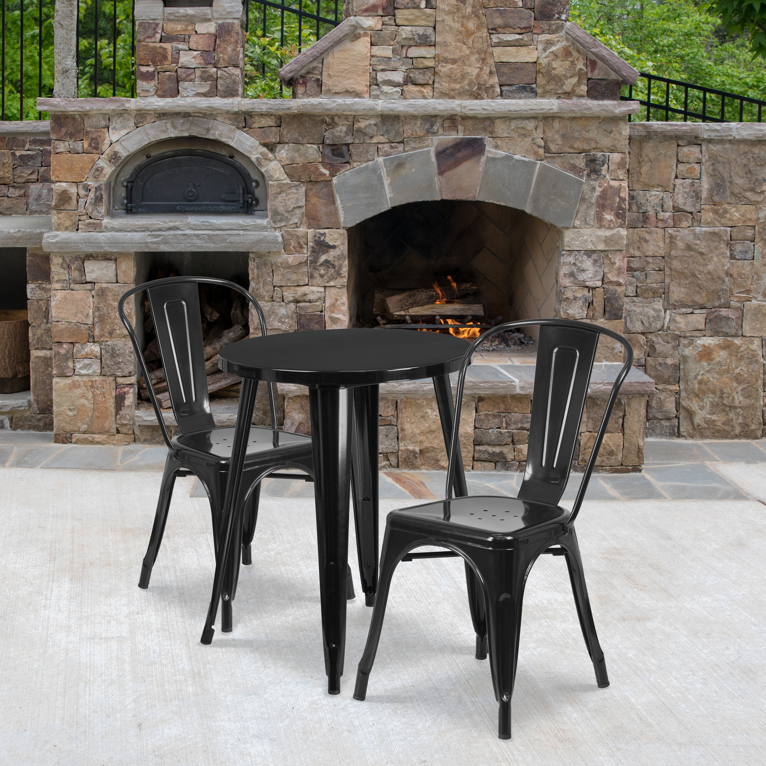 Napoleon Commercial Grade 24" Round Black Metal Indoor-Outdoor Table Set with 2 Cafe Chairs