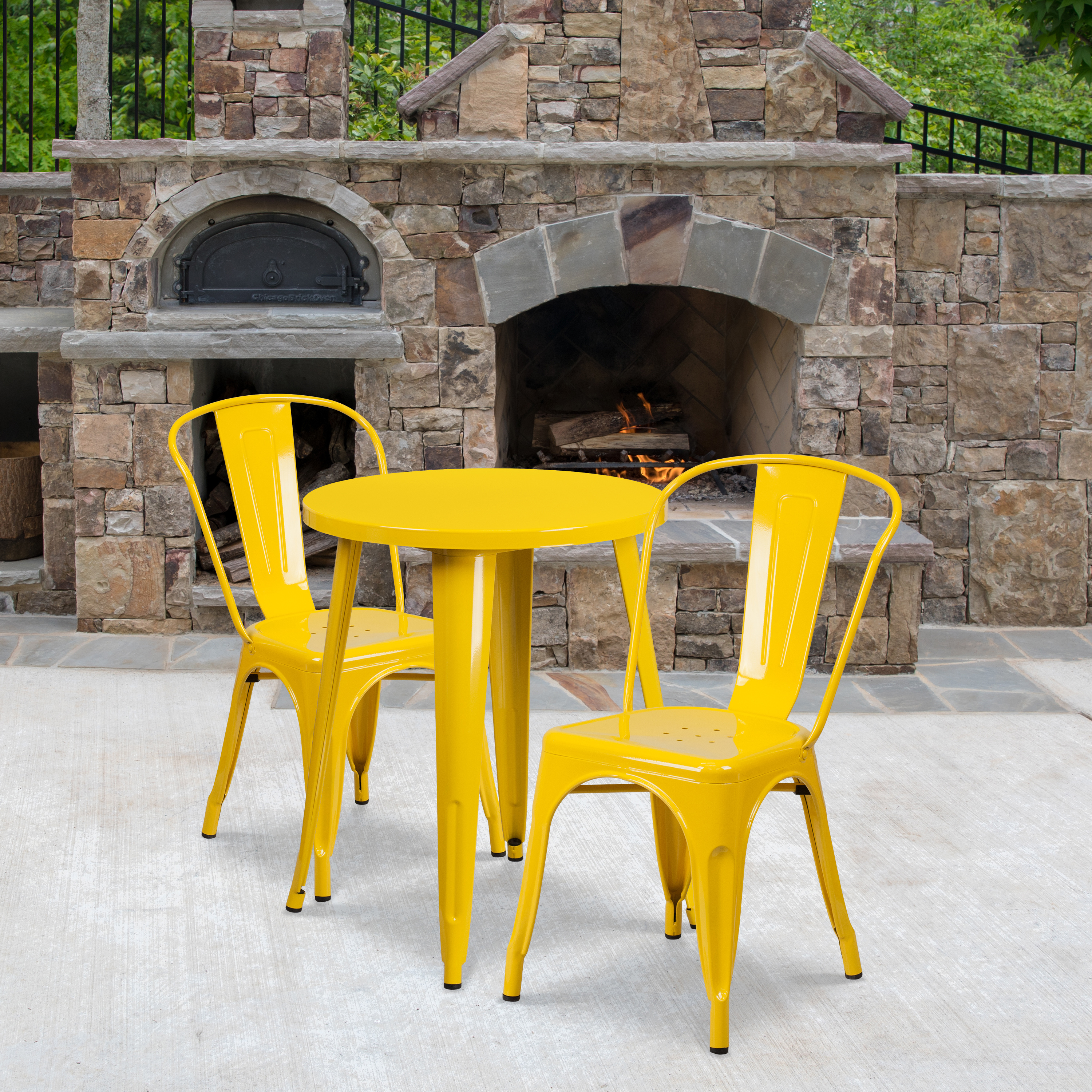 Napoleon Commercial Grade 24" Round Yellow Metal Indoor-Outdoor Table Set with 2 Cafe Chairs