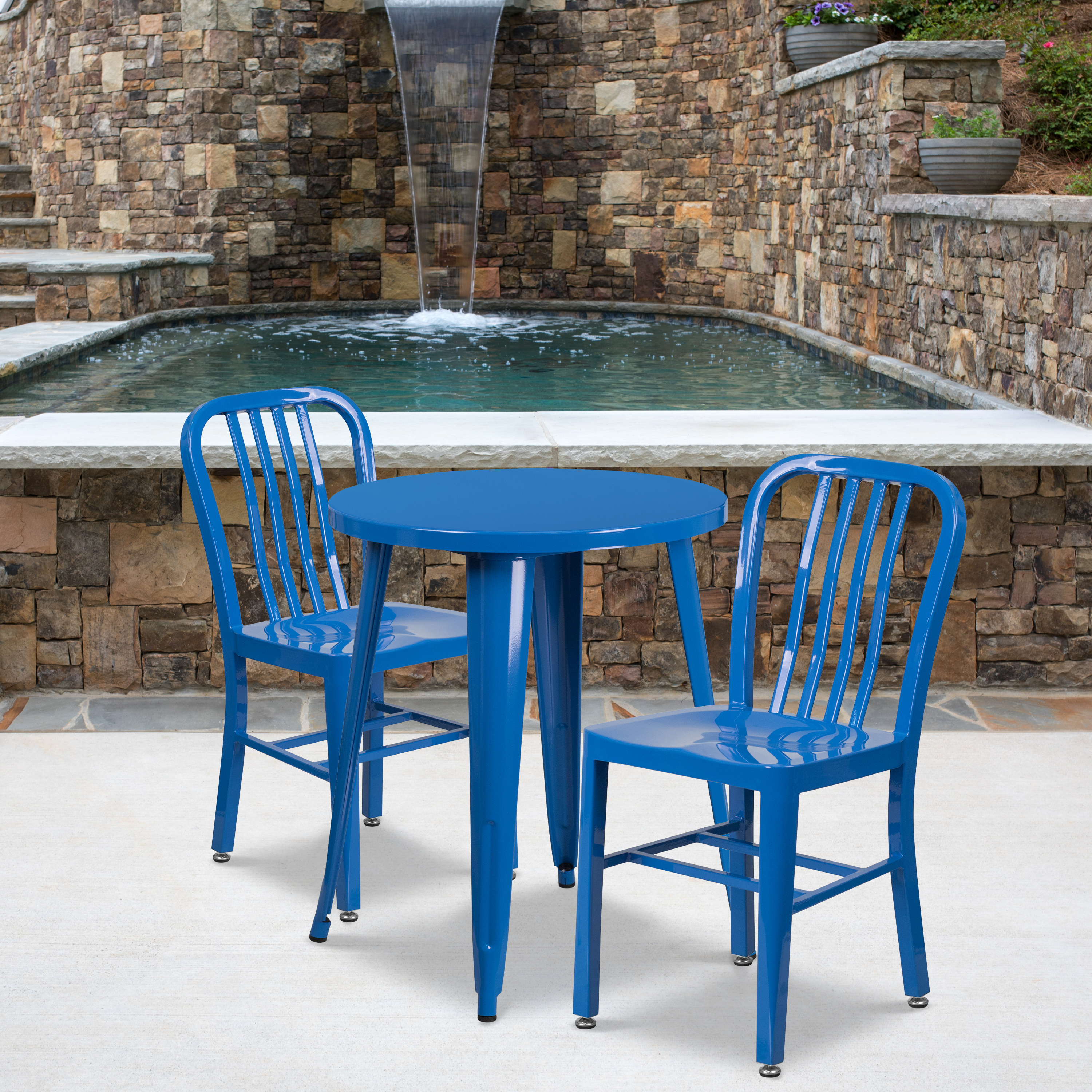 Napoleon Commercial Grade 24" Round Blue Metal Indoor-Outdoor Table Set with 2 Vertical Slat Back Chairs