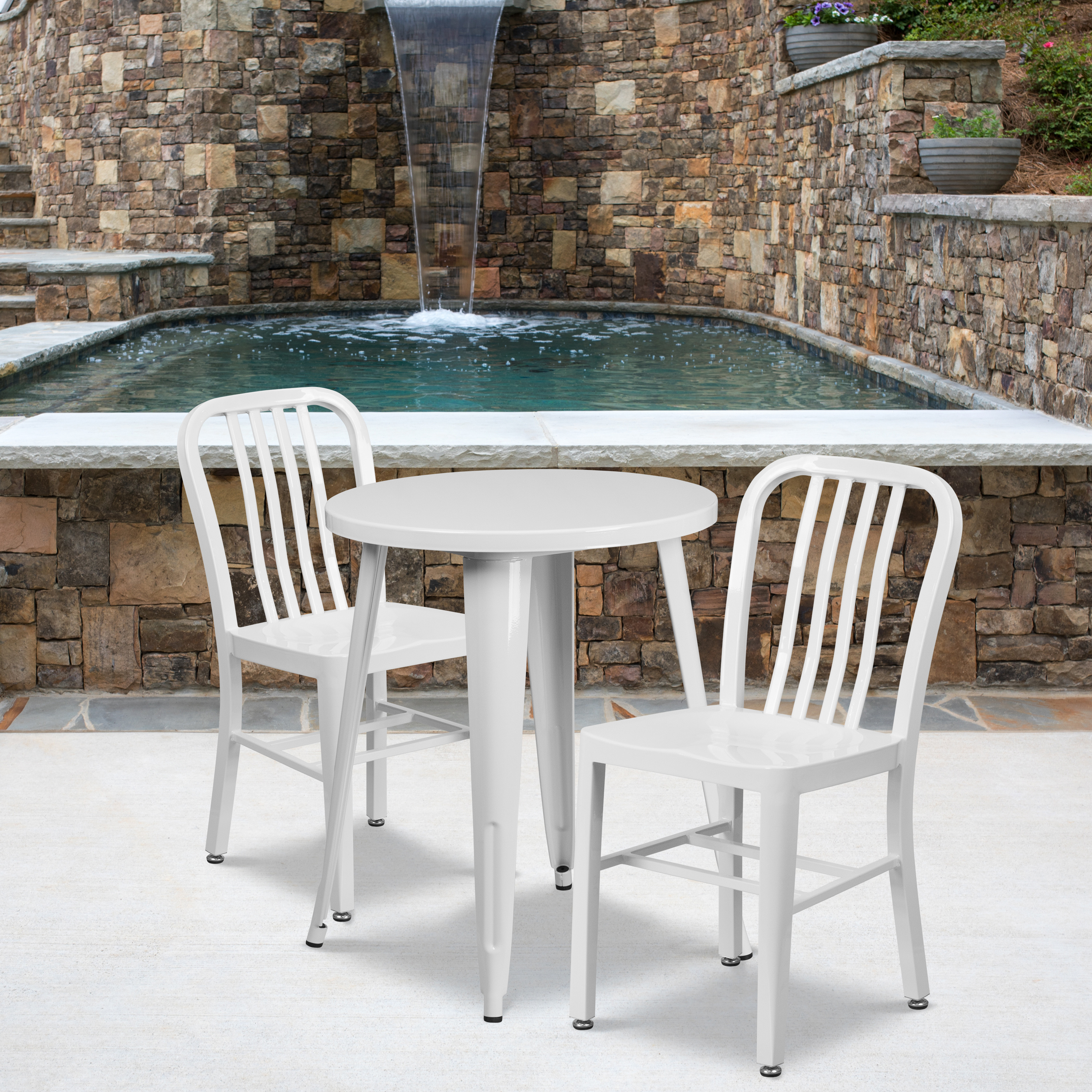 Napoleon Commercial Grade 24" Round White Metal Indoor-Outdoor Table Set with 2 Vertical Slat Back Chairs