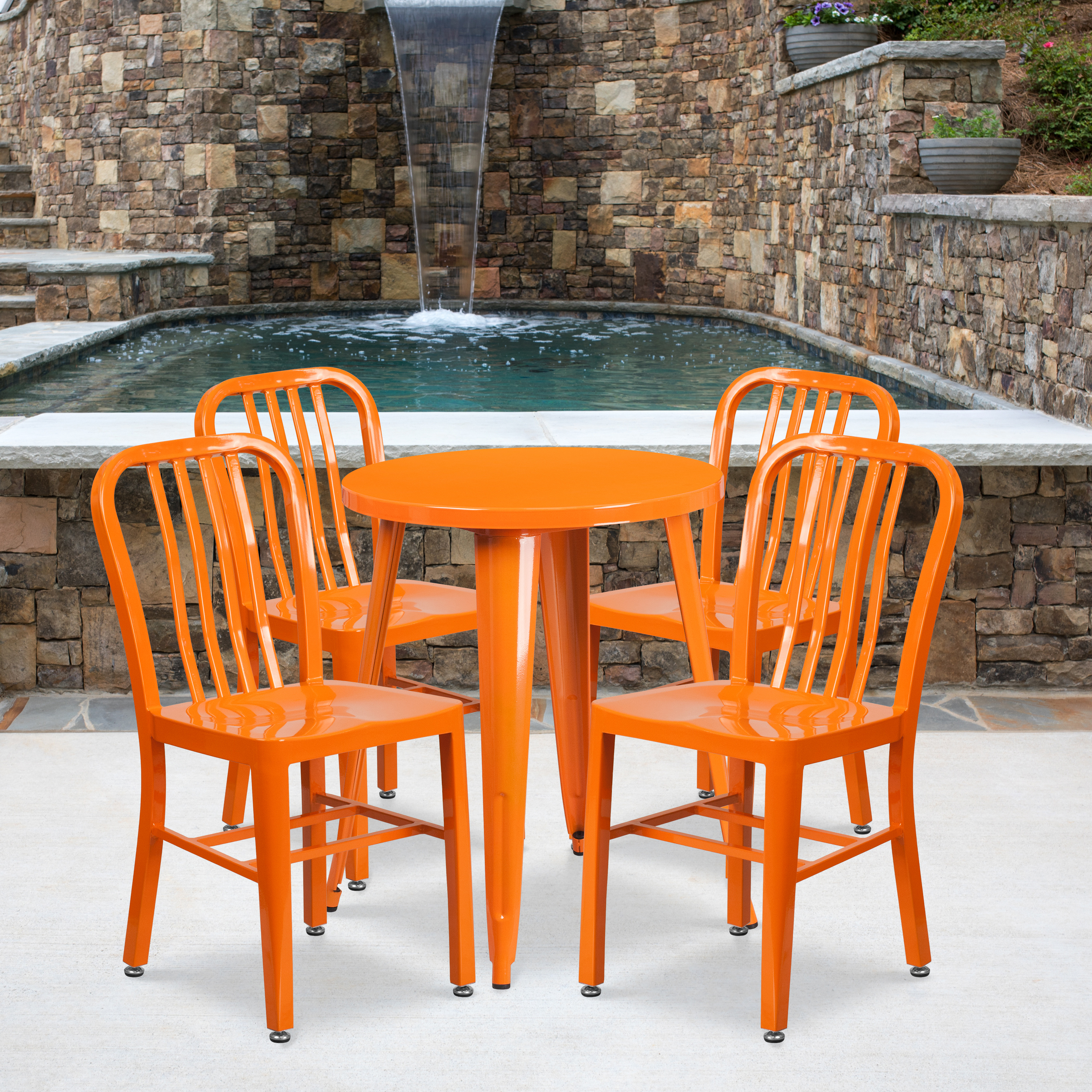 Thomas Commercial Grade 24" Round Orange Metal Indoor-Outdoor Table Set with 4 Vertical Slat Back Chairs