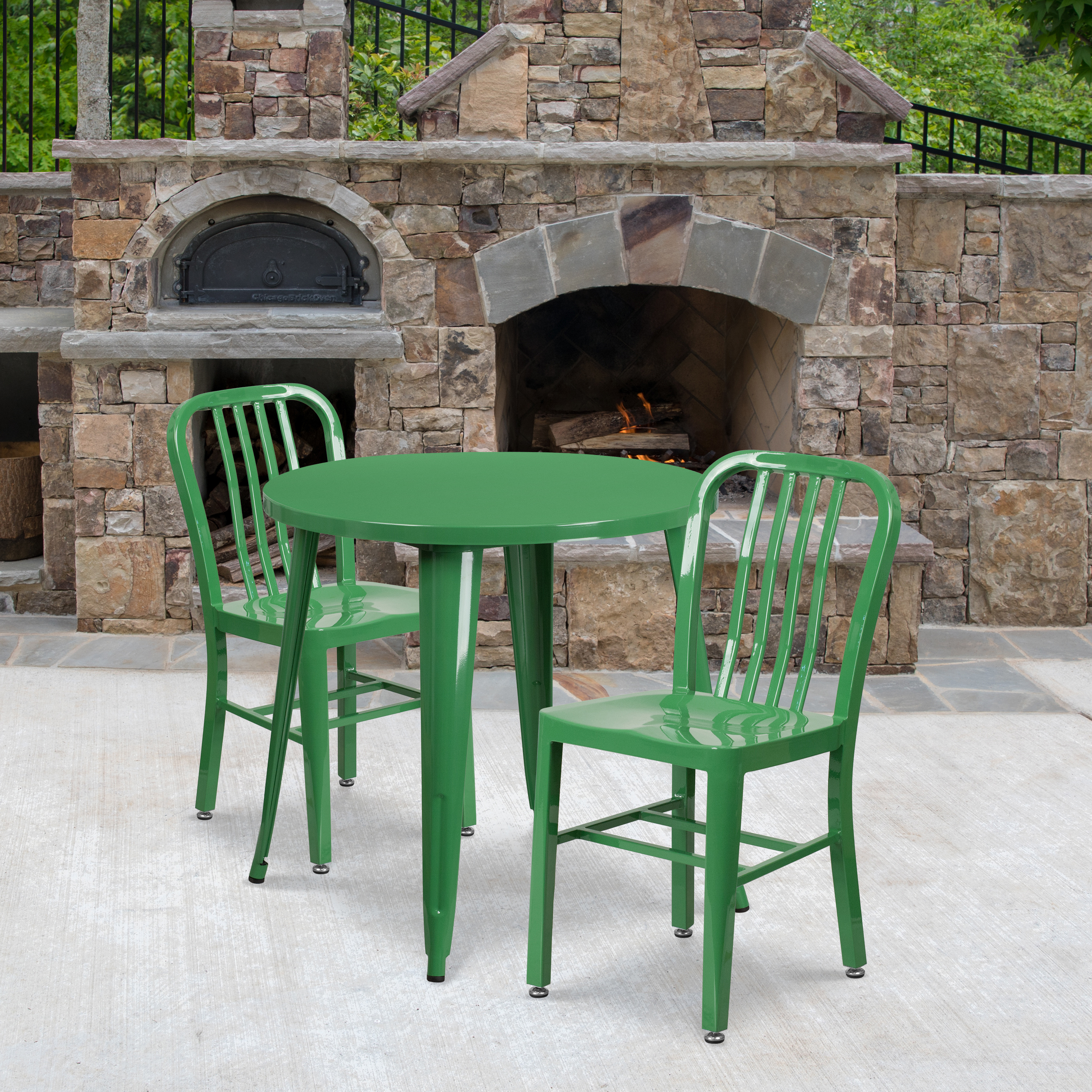 Craig Commercial Grade 30" Round Green Metal Indoor-Outdoor Table Set with 2 Vertical Slat Back Chairs