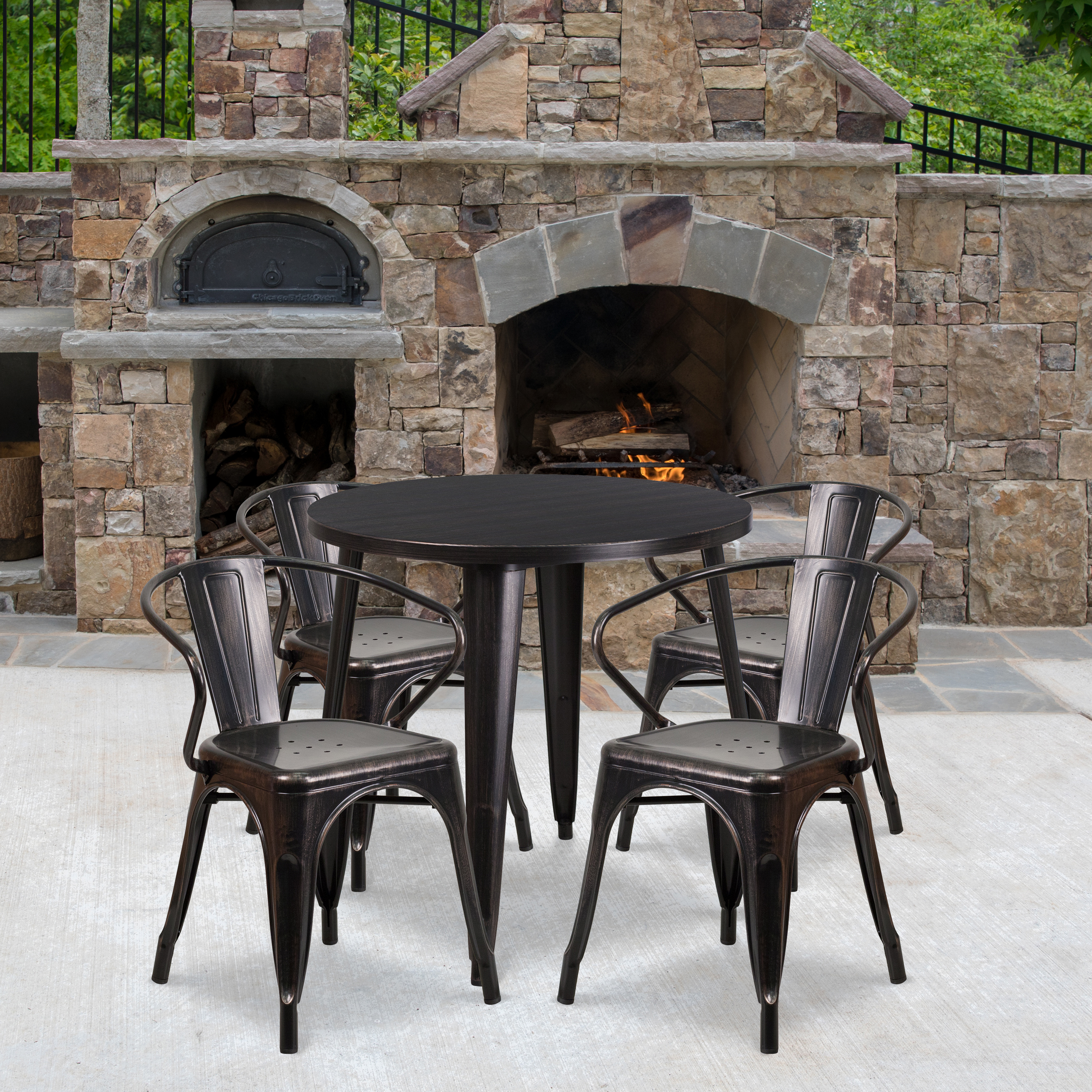 Cory Commercial Grade 30" Round Black-Antique Gold Metal Indoor-Outdoor Table Set with 4 Arm Chairs
