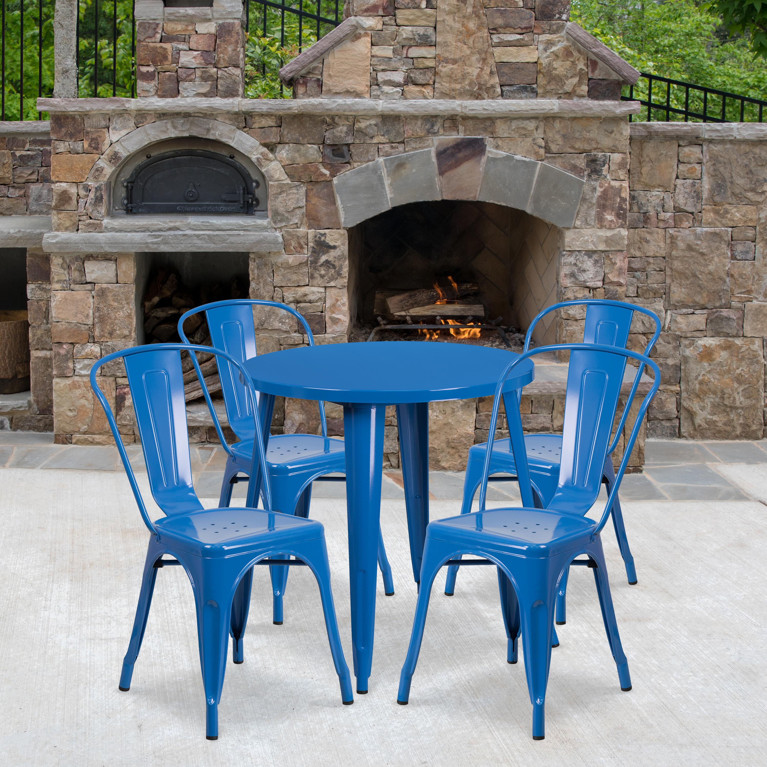 Dalton Commercial Grade 30" Round Blue Metal Indoor-Outdoor Table Set with 4 Cafe Chairs