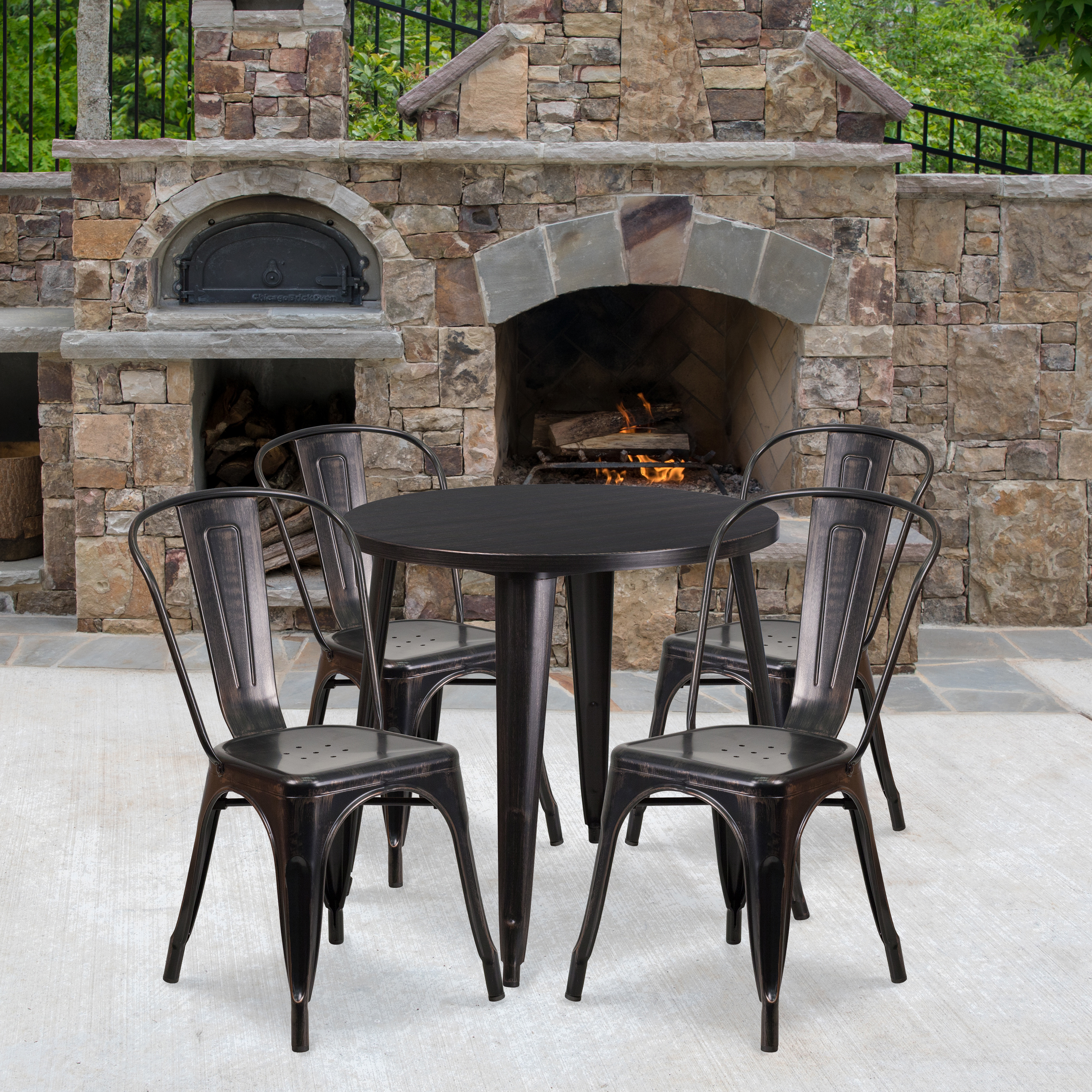 Dalton Commercial Grade 30" Round Black-Antique Gold Metal Indoor-Outdoor Table Set with 4 Cafe Chairs