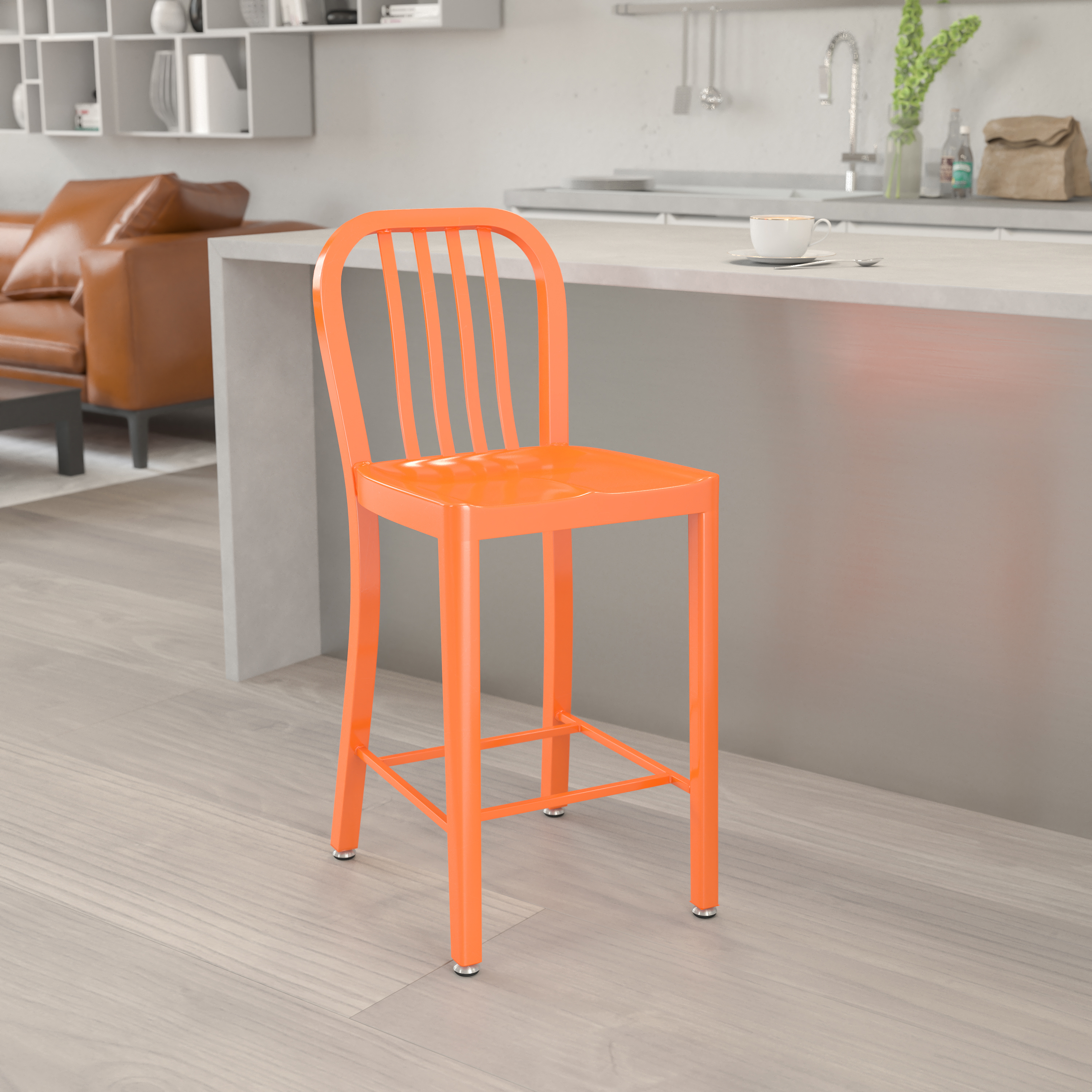Gael Commercial Grade 24" High Orange Metal Indoor-Outdoor Counter Height Stool with Vertical Slat Back
