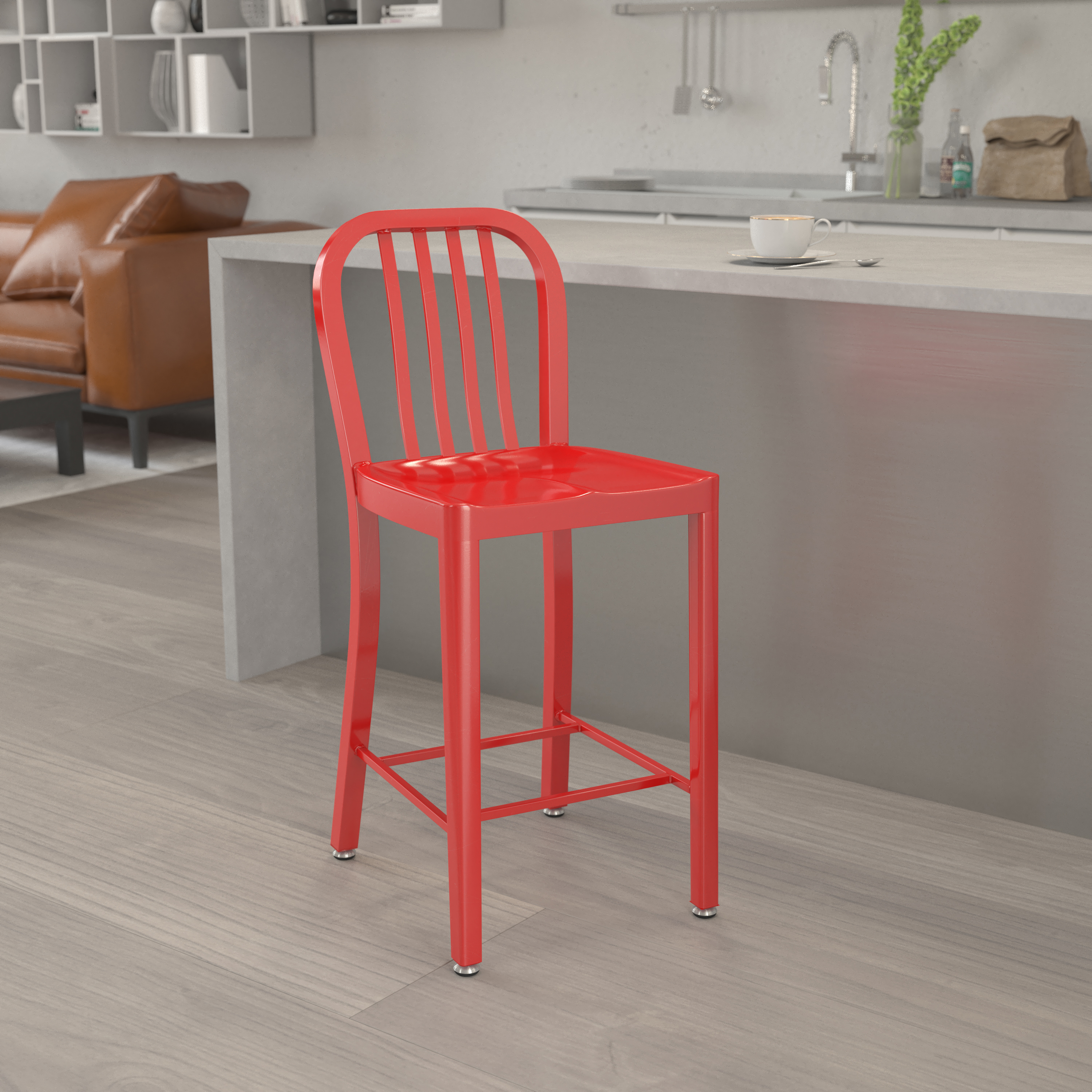 Gael Commercial Grade 24" High Red Metal Indoor-Outdoor Counter Height Stool with Vertical Slat Back