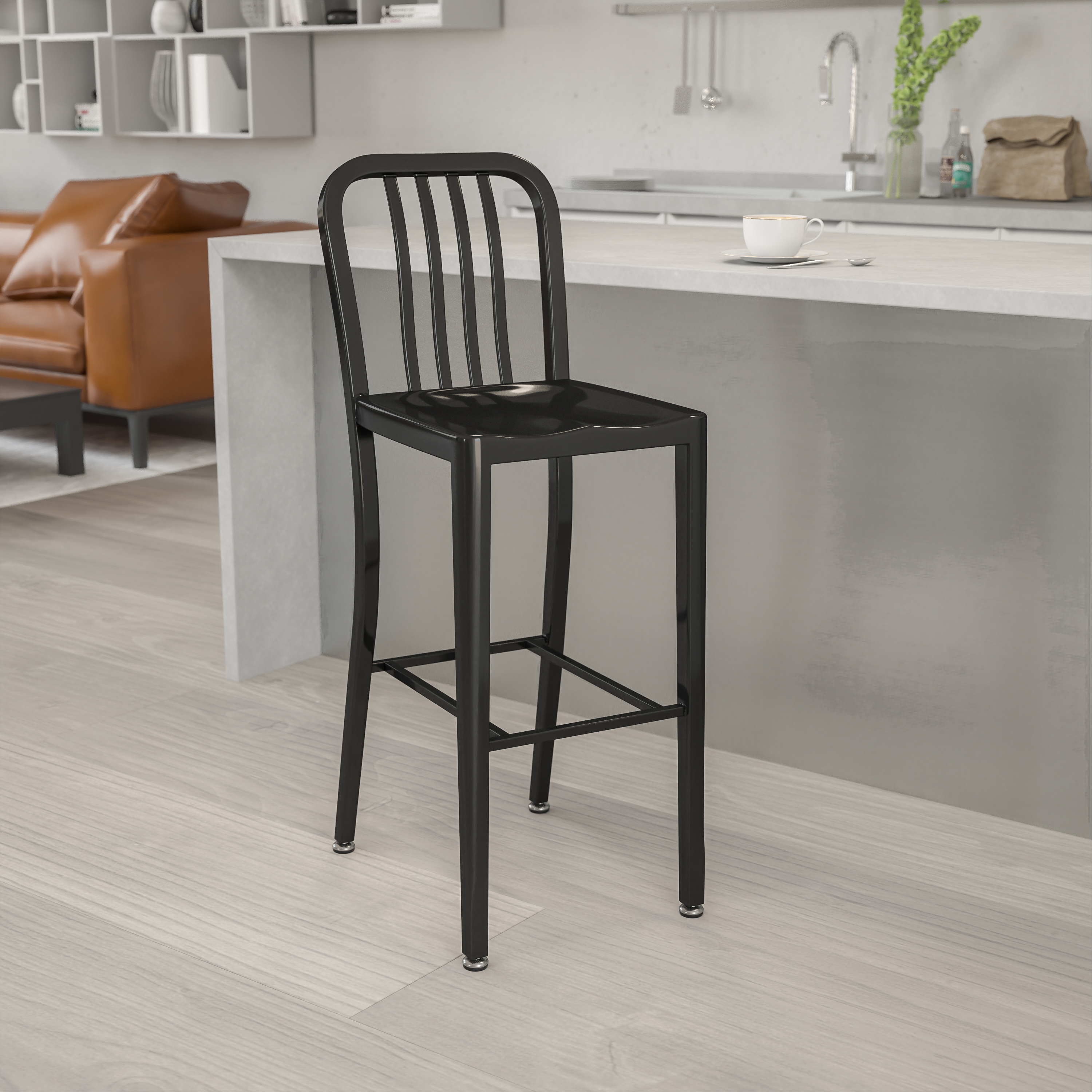 Gael Commercial Grade 30" High Black Metal Indoor-Outdoor Barstool with Vertical Slat Back