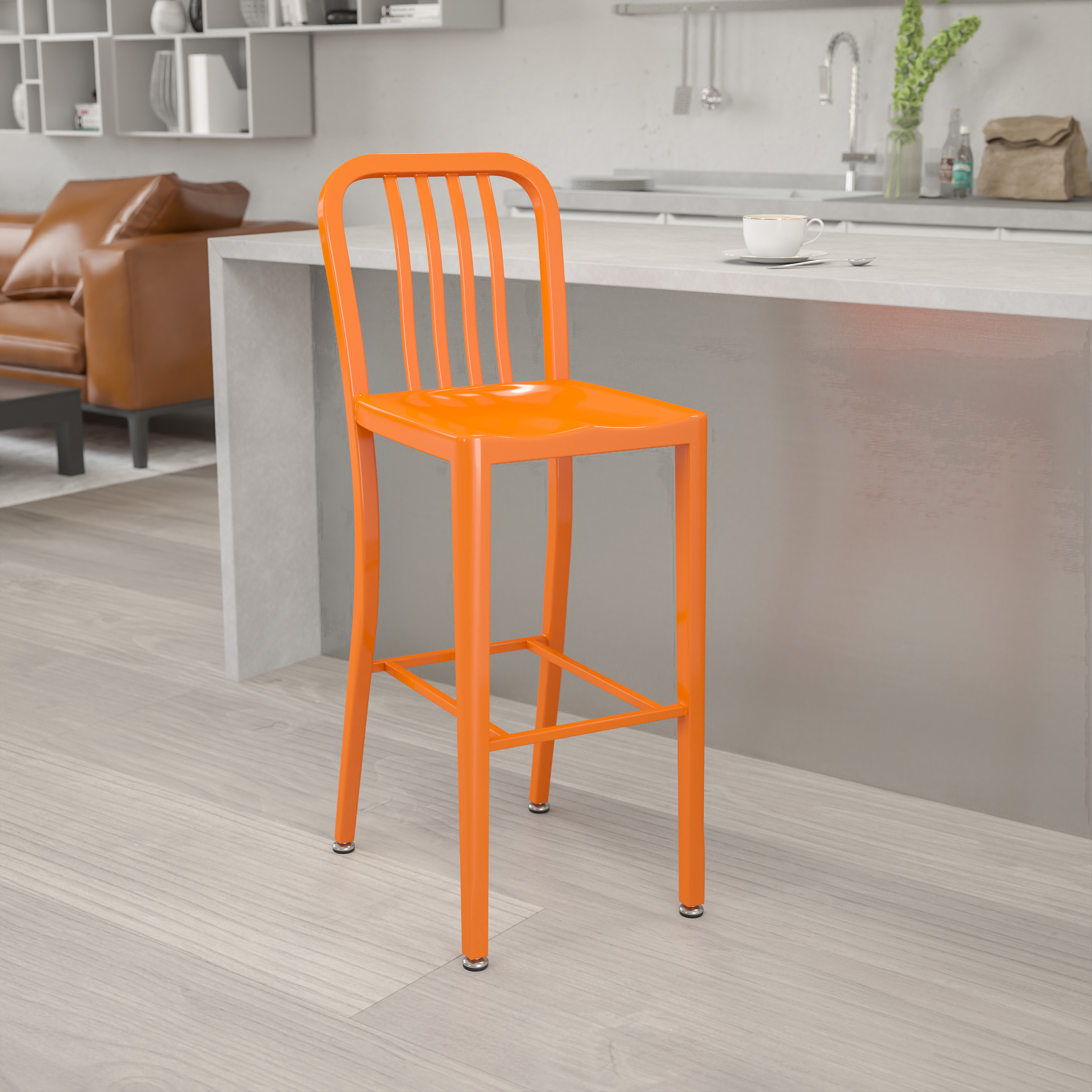 Gael Commercial Grade 30" High Orange Metal Indoor-Outdoor Barstool with Vertical Slat Back